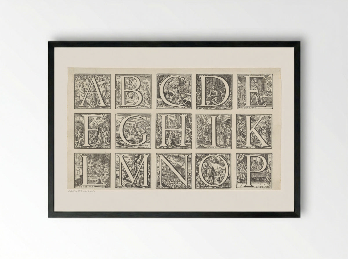 Alphabet in a Frame with Scenes from the Old Testament - Jan Christoffel Jegher - Framed Print Black