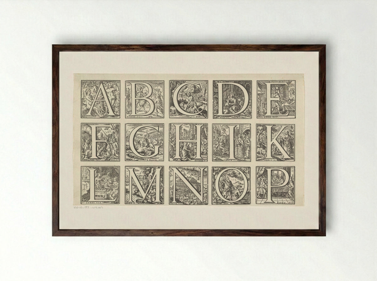 Alphabet in a Frame with Scenes from the Old Testament - Jan Christoffel Jegher - Framed Print Dark Wood
