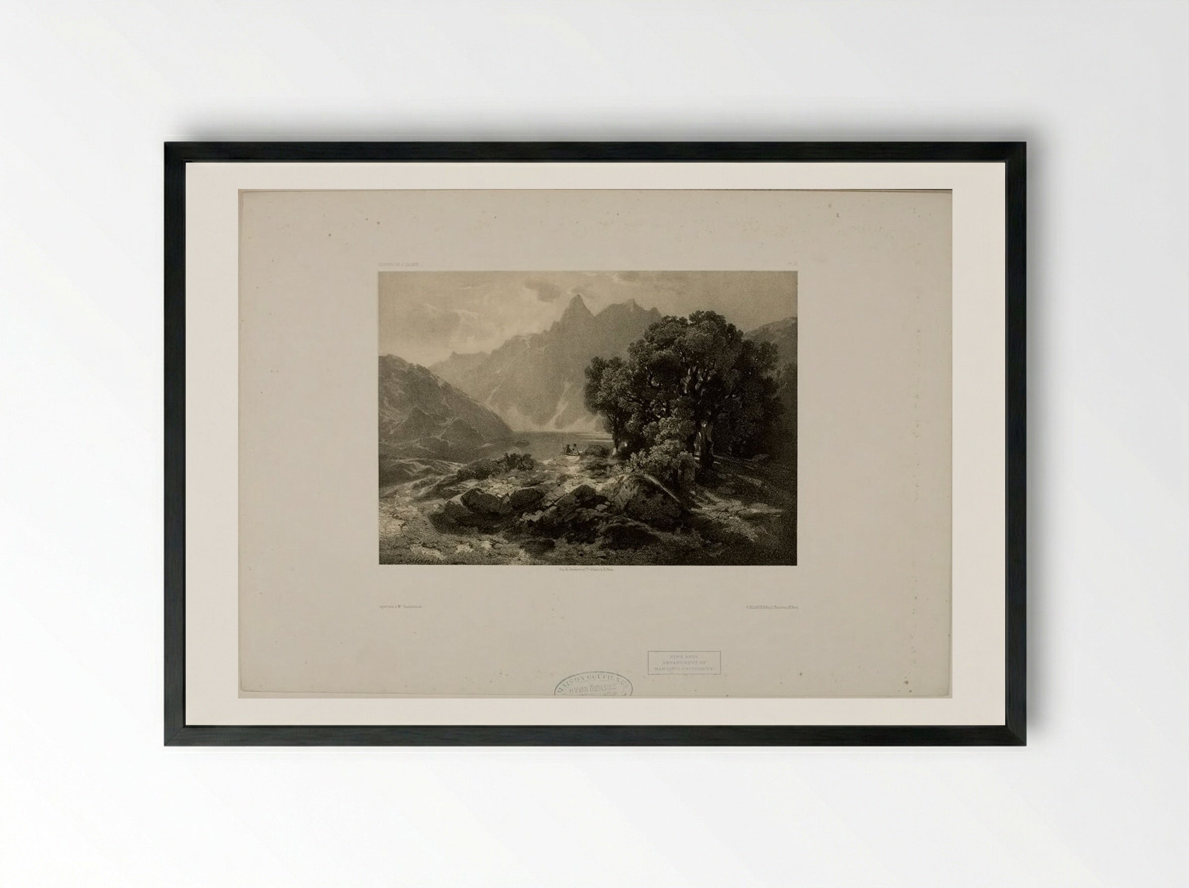 Alpine Scene with Lake and Figures - Alexandre Calame - Framed Print Black