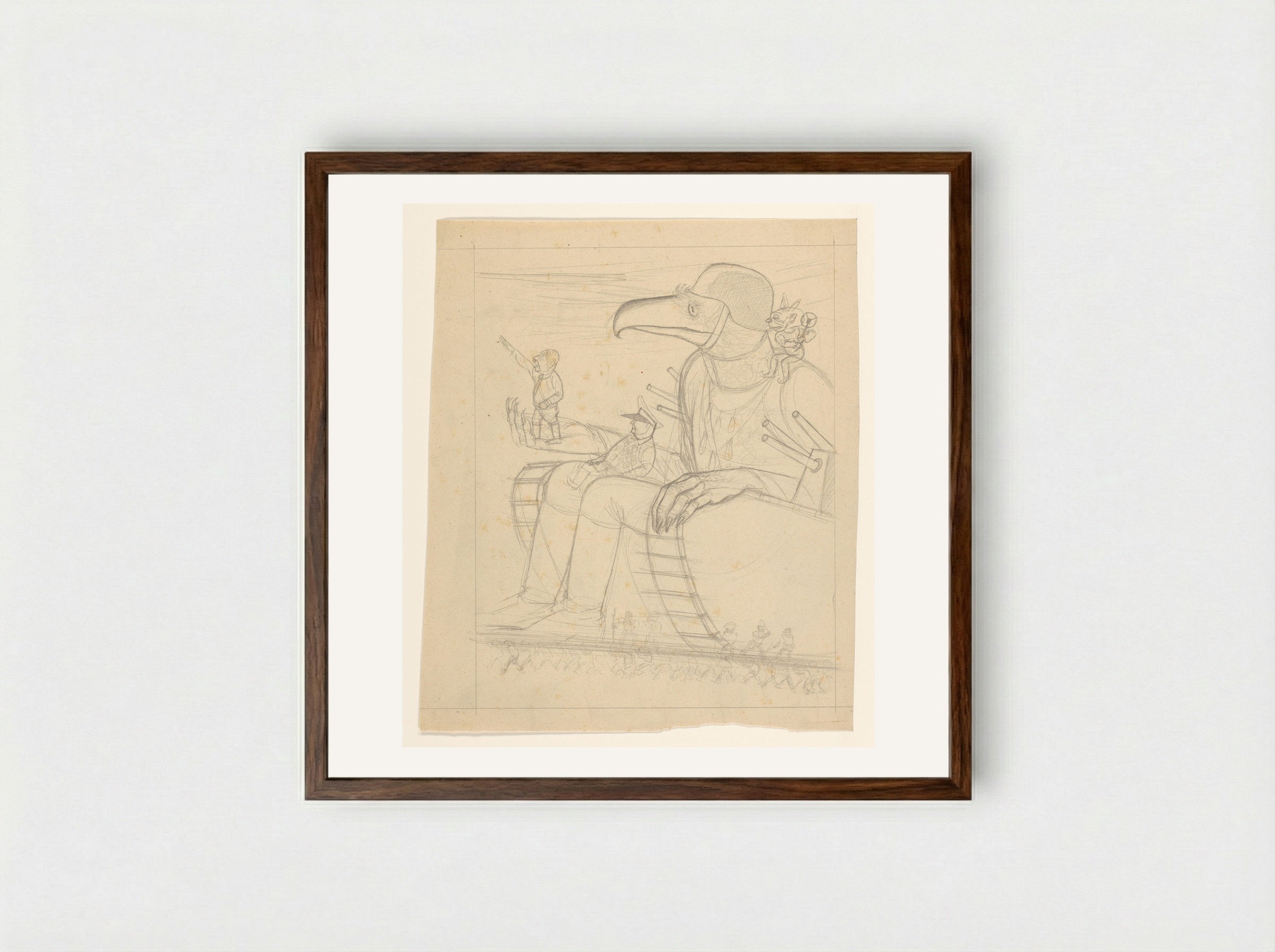 Als soldaat verklede adelaar zit op een tank - Henk Henriët - Framed Print Dark Wood