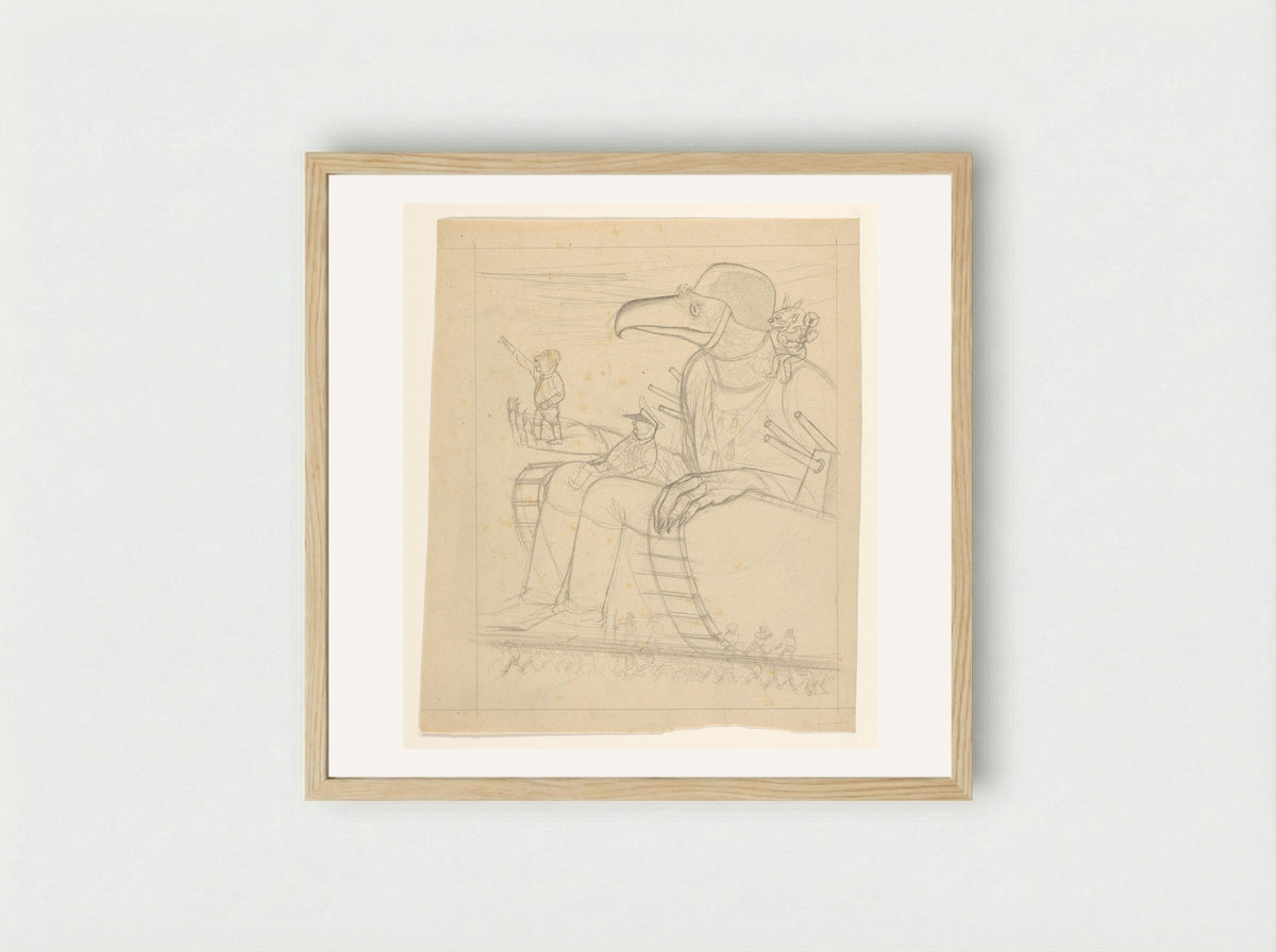Als soldaat verklede adelaar zit op een tank - Henk Henriët - Framed Print Wood