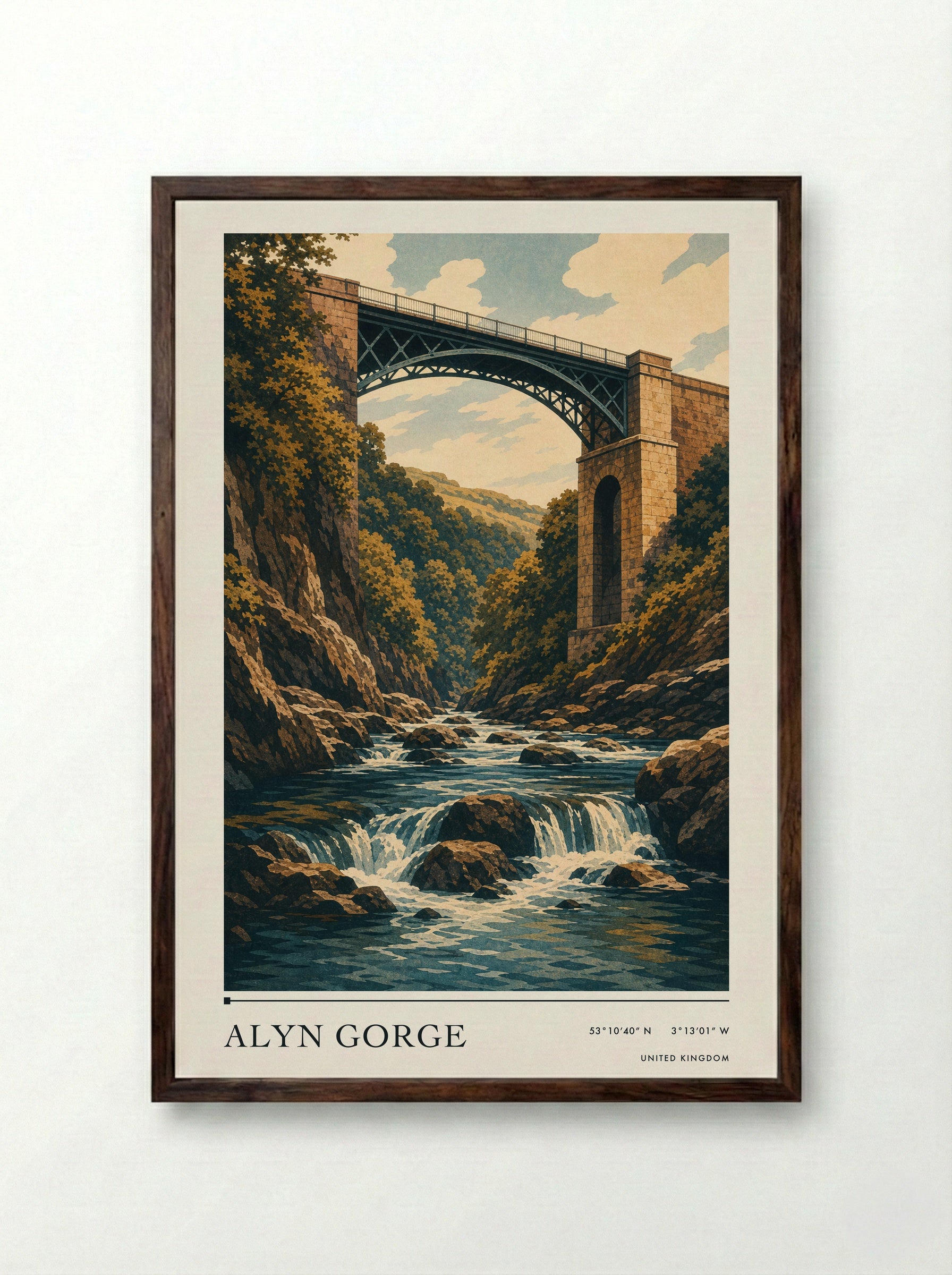 Alyn Gorge United Kingdom Travel Poster - Framed Print Dark Wood