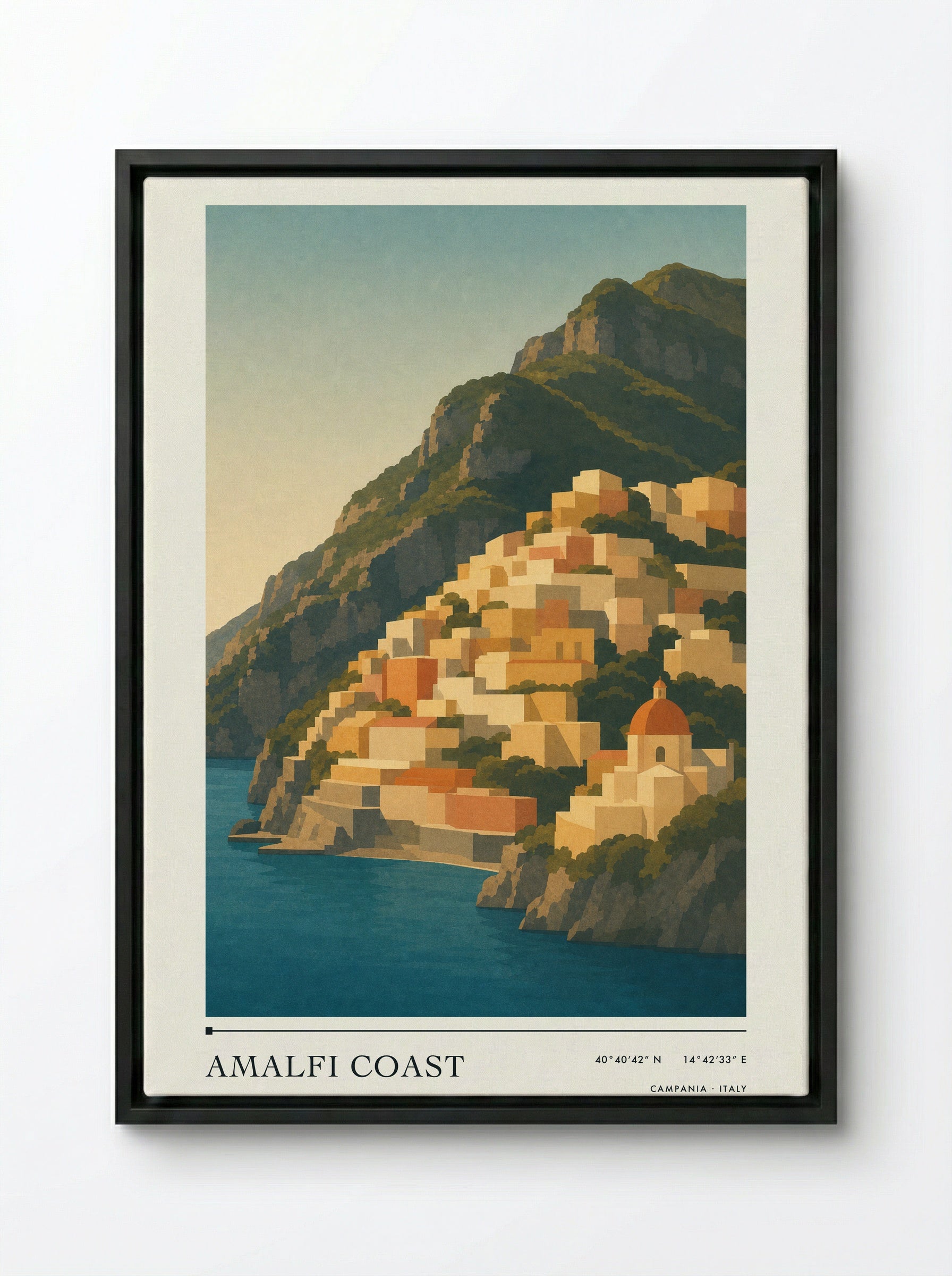 Amalfi Coast Travel Poster Artwork - Framed Canvas Black