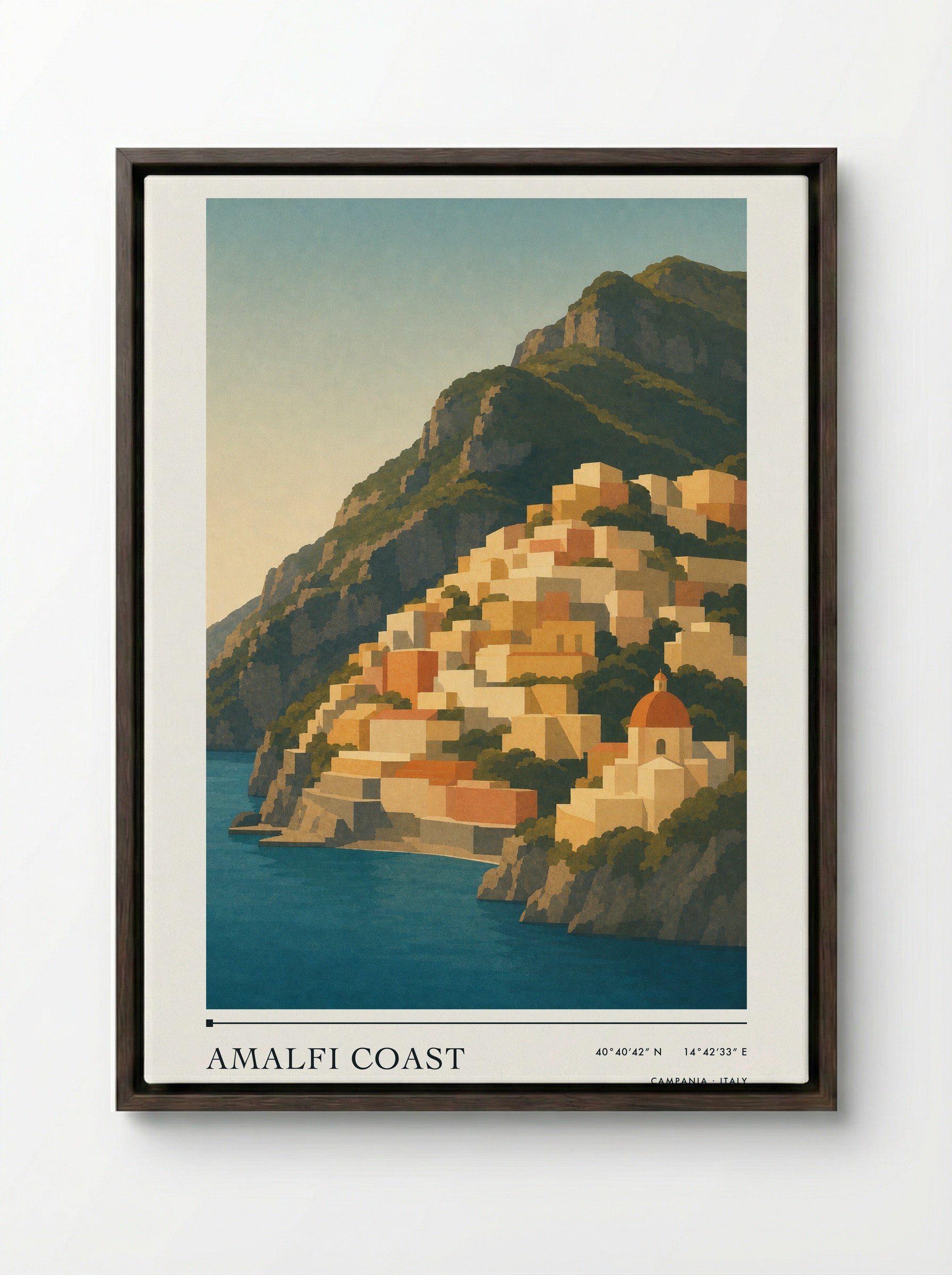 Amalfi Coast Travel Poster Artwork - Framed Canvas Dark Wood