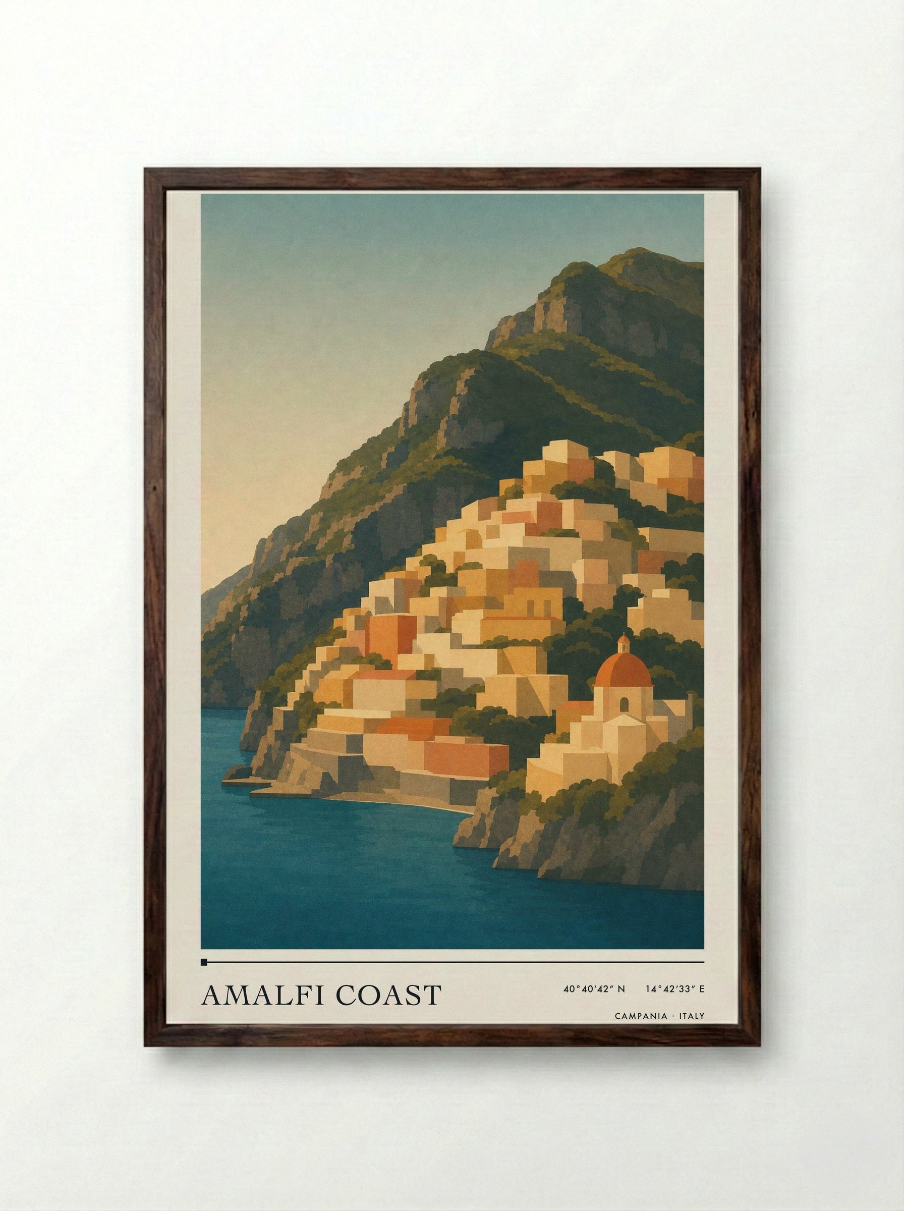 Amalfi Coast Travel Poster Artwork - Framed Print Dark Wood