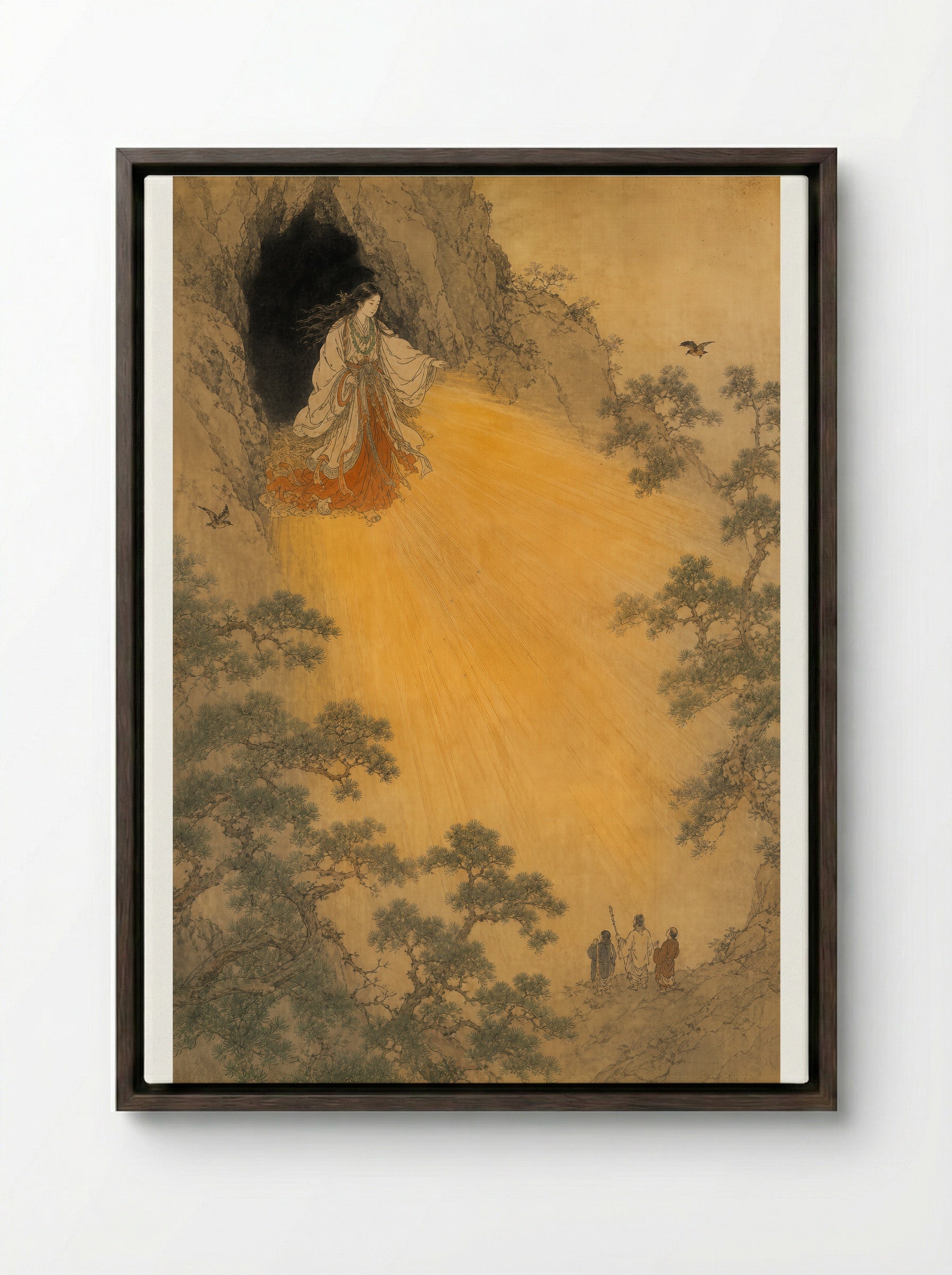 Amaterasu and the Rock-Cave: Light Returns to the World - Framed Canvas Dark Wood