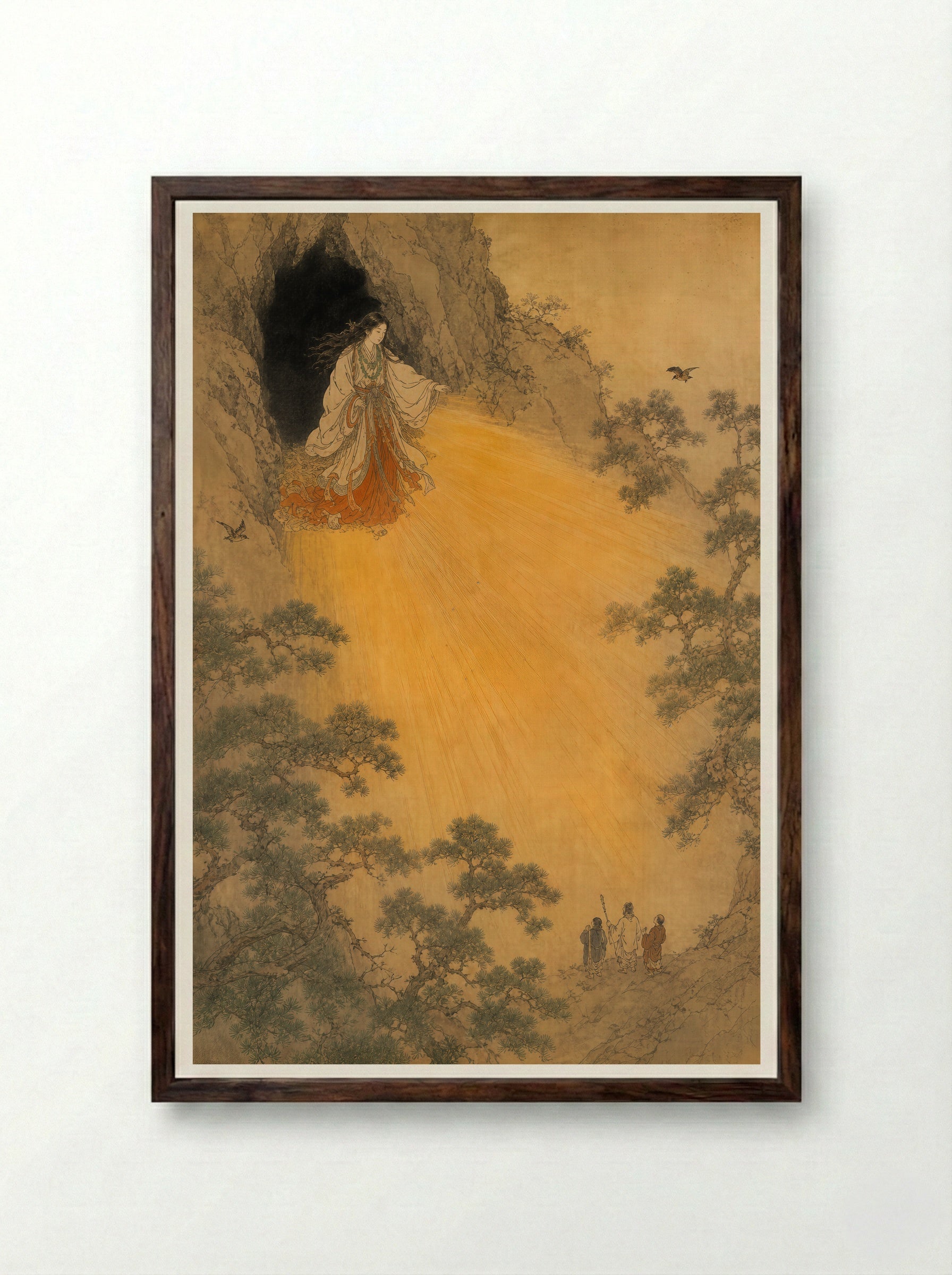 Amaterasu and the Rock-Cave: Light Returns to the World - Framed Print Dark Wood