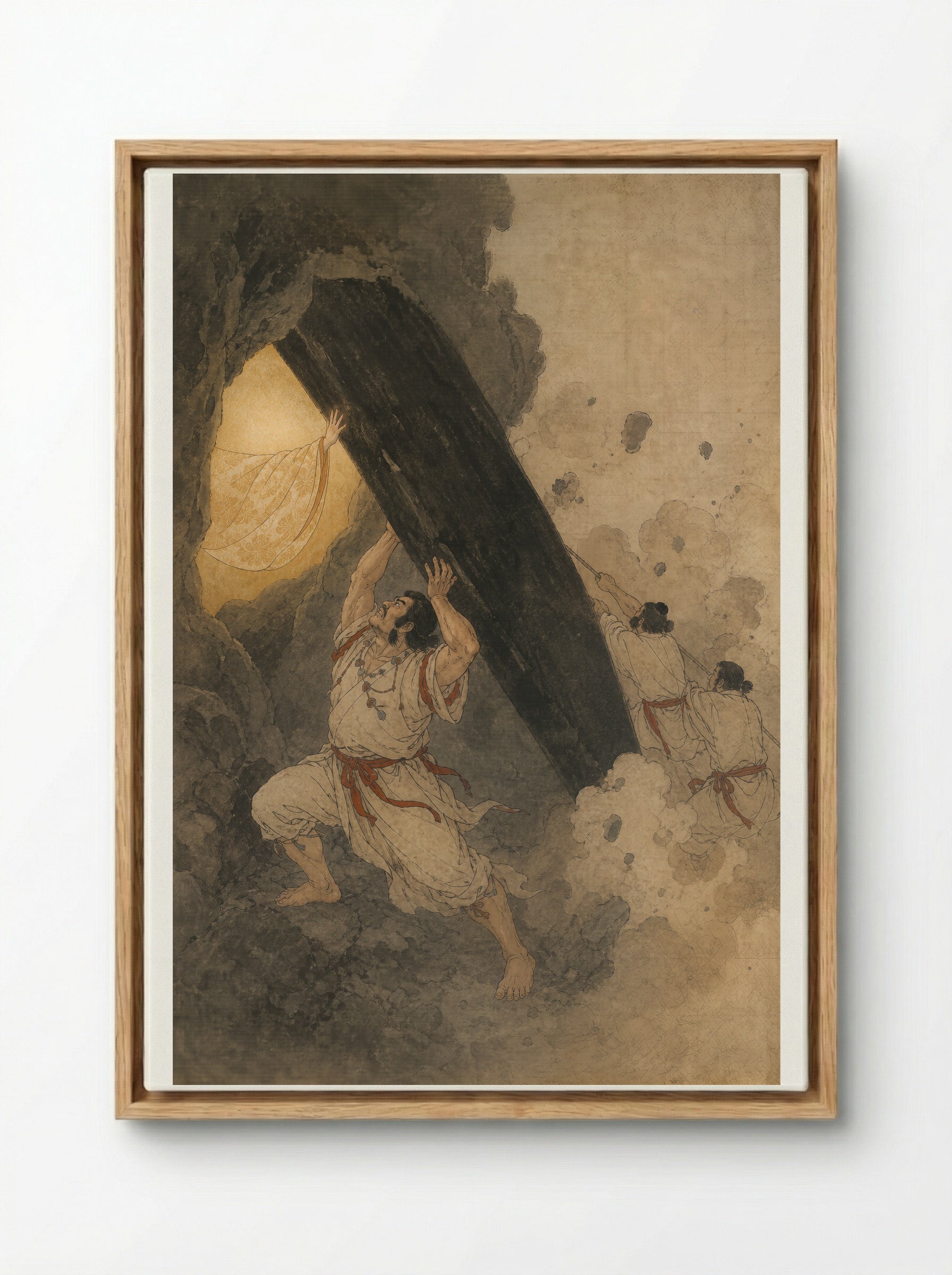 Amaterasu and the Rock-Cave: The Cave Is Held Open - Framed Canvas Wood
