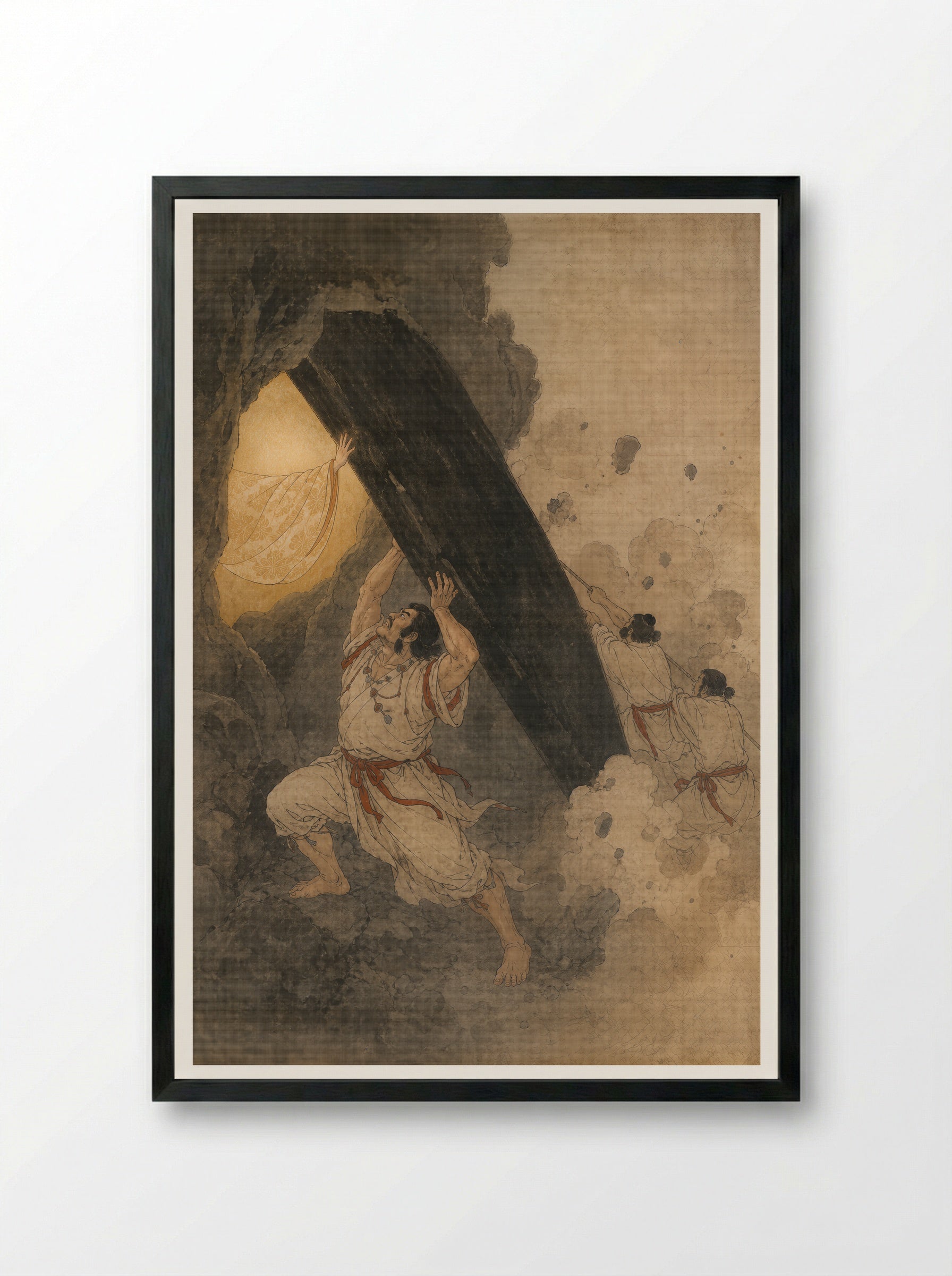 Amaterasu and the Rock-Cave: The Cave Is Held Open - Framed Print Black