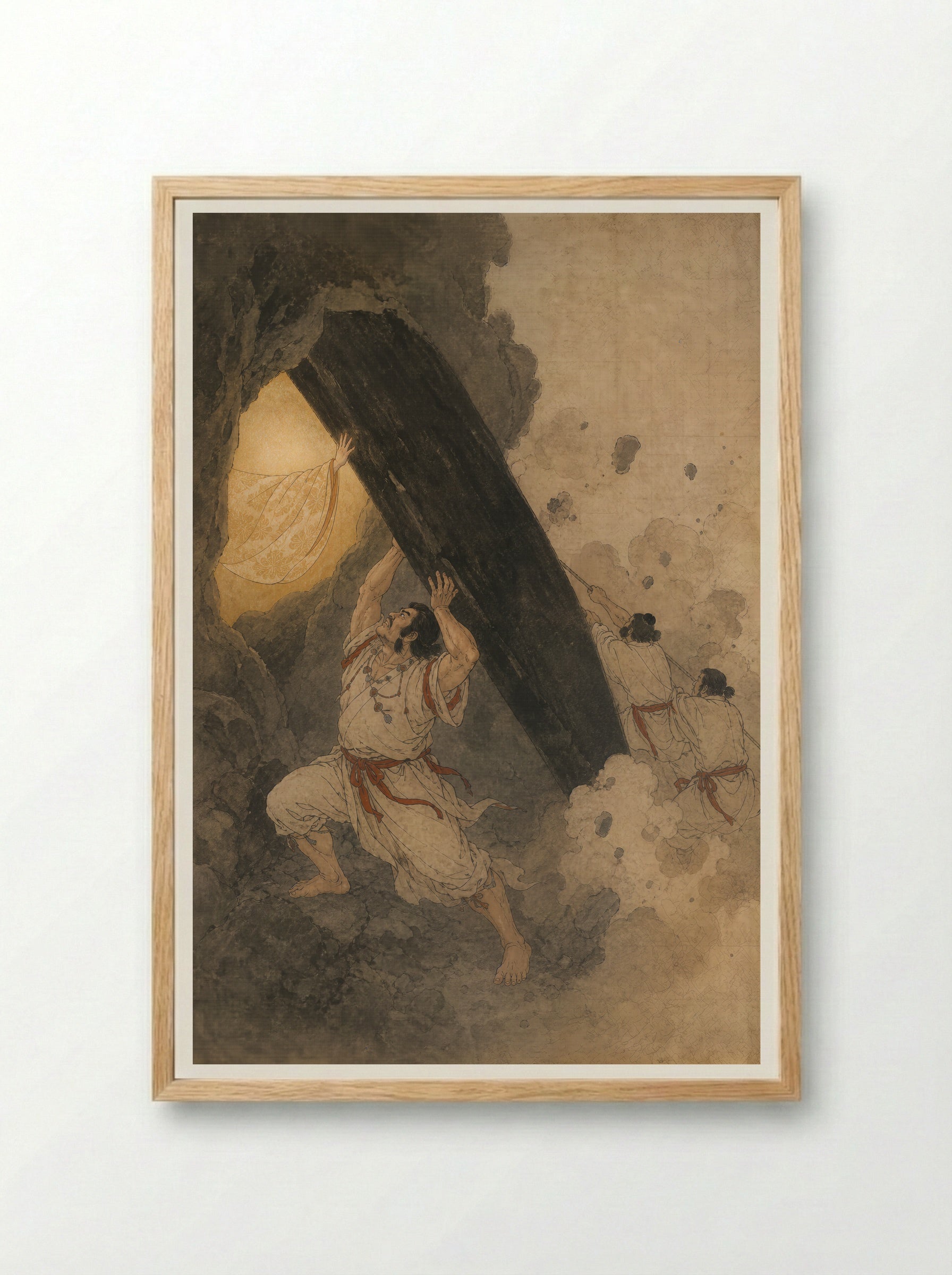 Amaterasu and the Rock-Cave: The Cave Is Held Open - Framed Print Wood