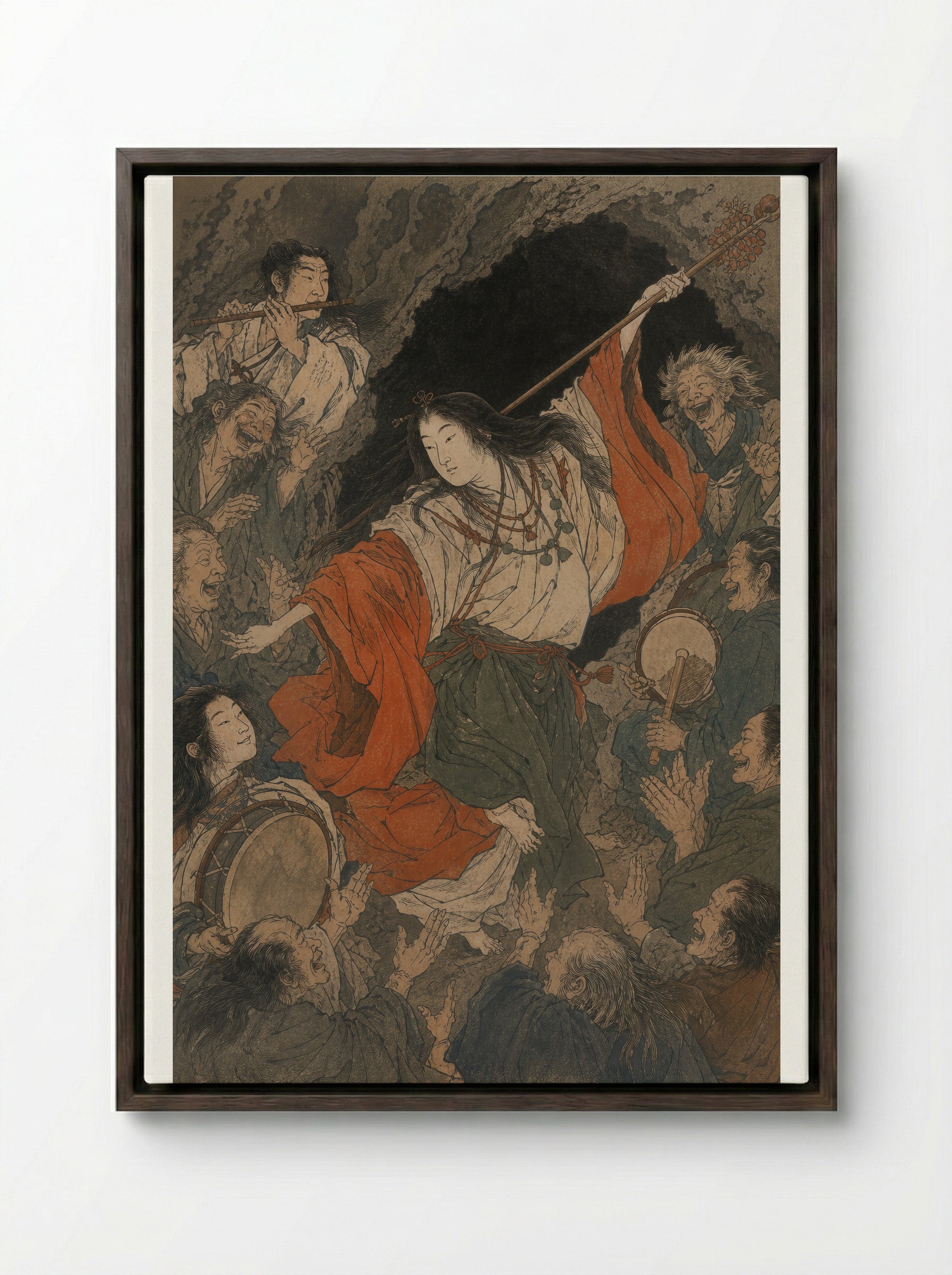 Amaterasu and the Rock-Cave: Uzume's Dance - Framed Canvas Dark Wood