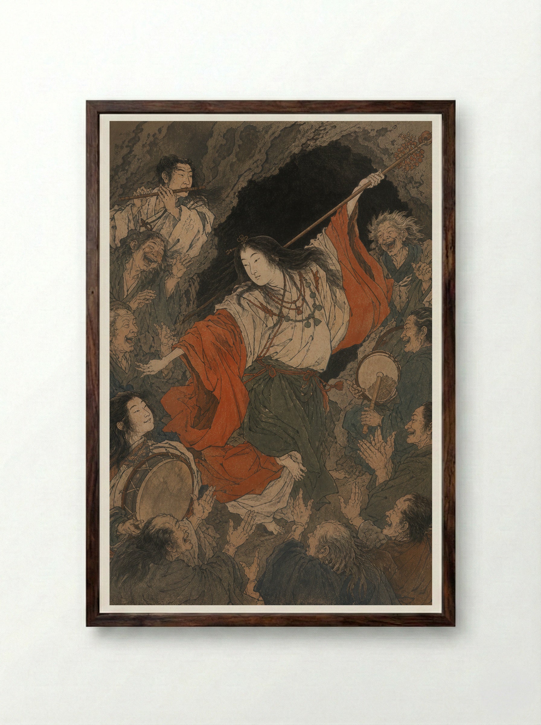 Amaterasu and the Rock-Cave: Uzume's Dance - Framed Print Dark Wood
