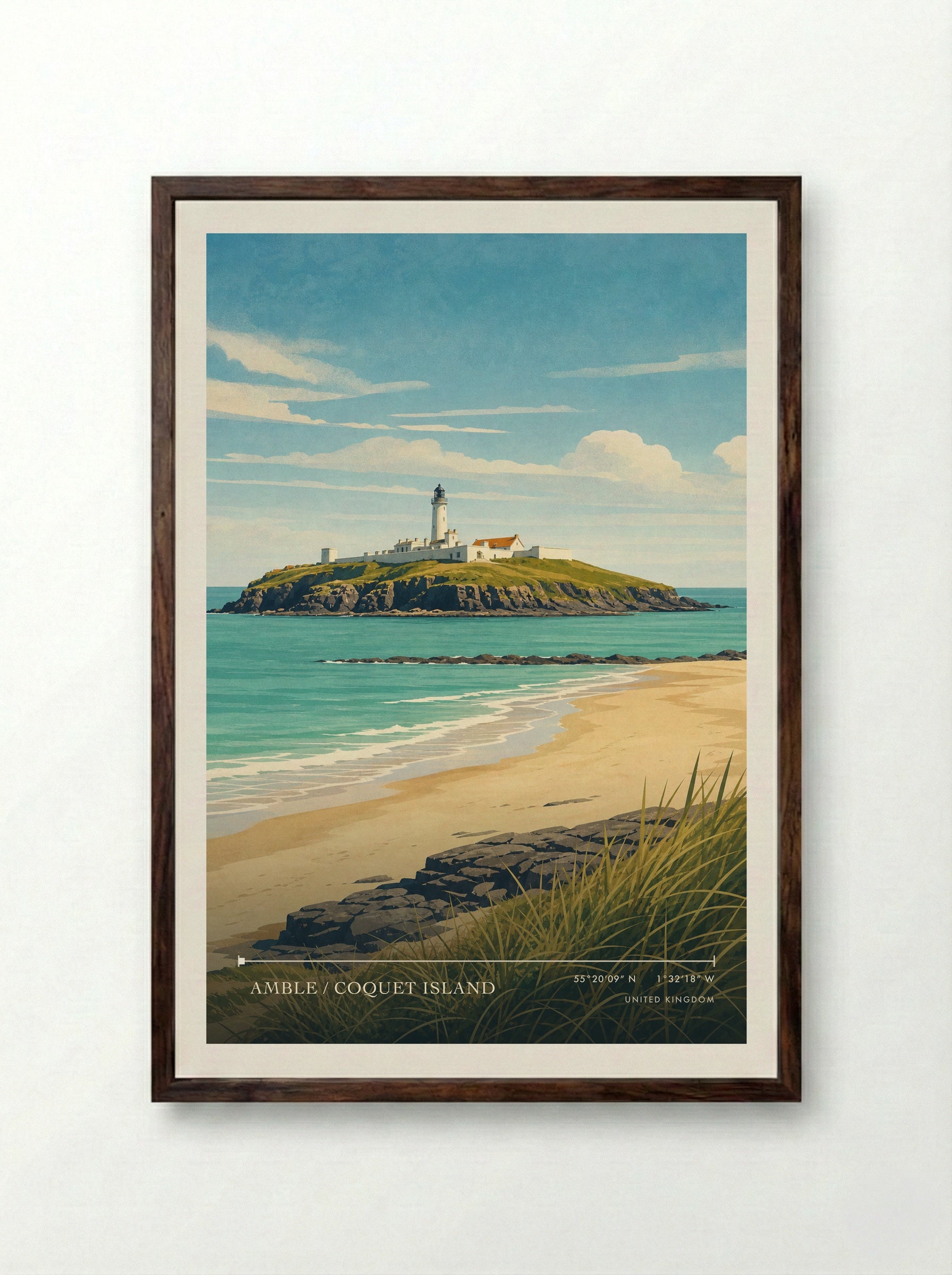 Amble / Coquet Island United Kingdom Travel Poster - Framed Print Dark Wood
