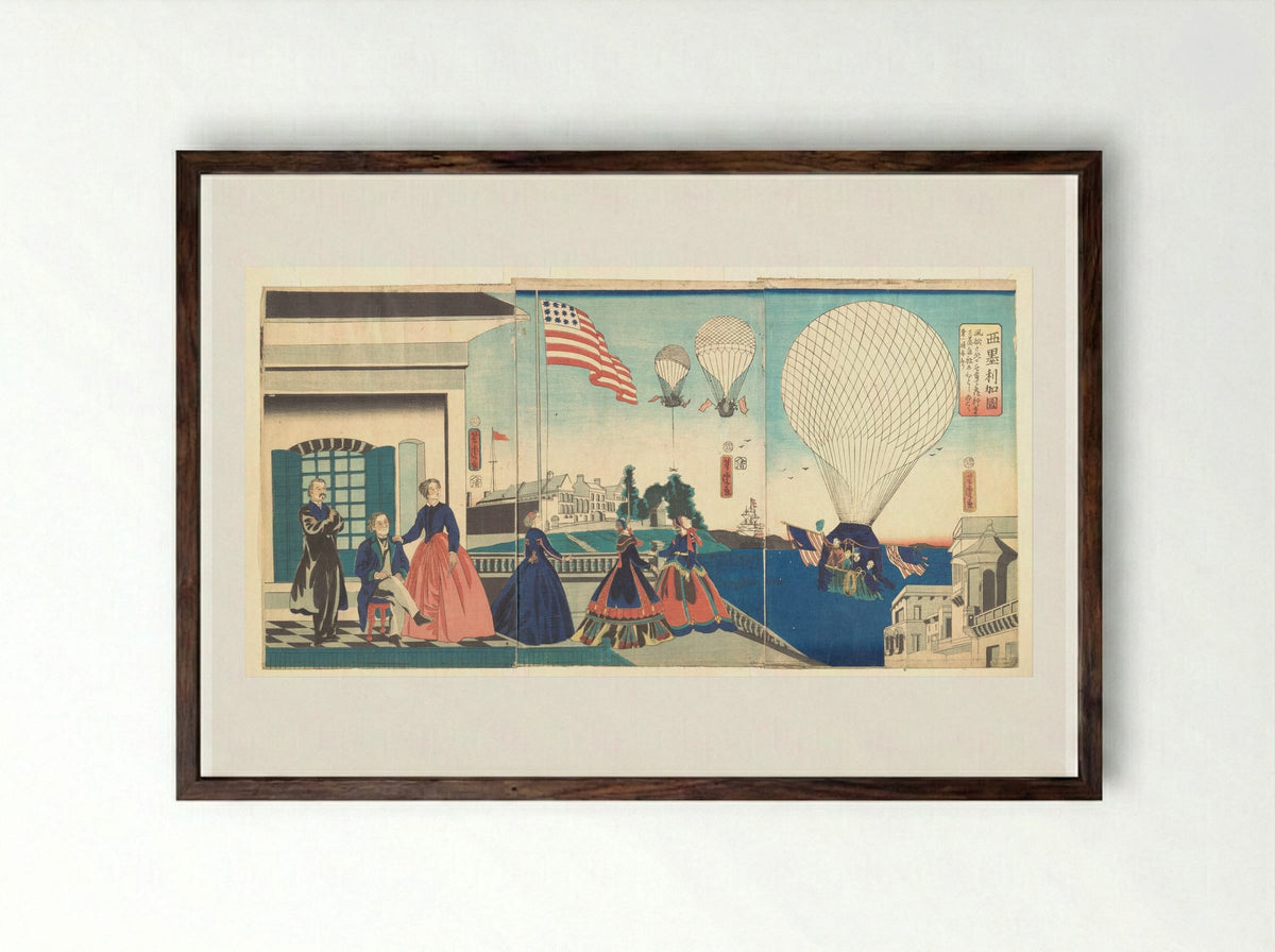 America: Enjoying Hot Air Balloons - Utagawa Yoshitora - Framed Print Dark Wood