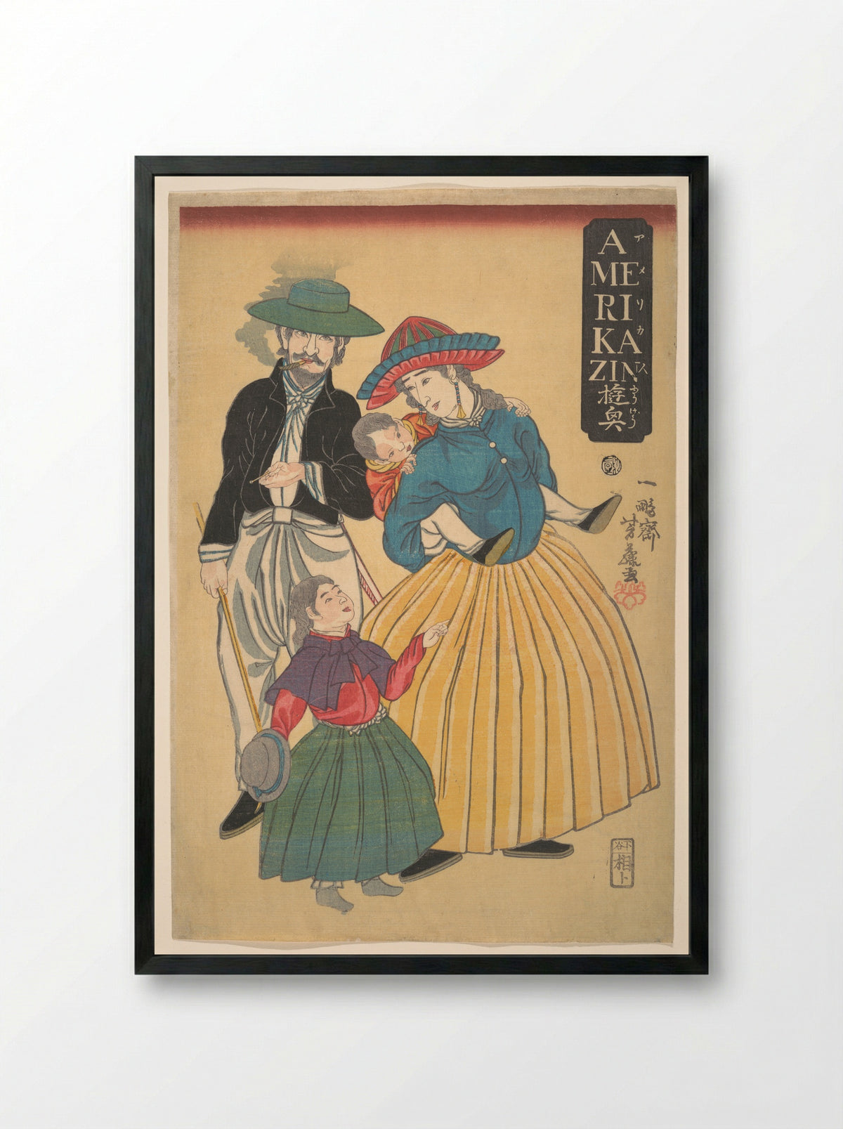 Americans on an Outing (Amerikajin yūgyō) - Ippōsai Yoshifuji - Framed Print Black