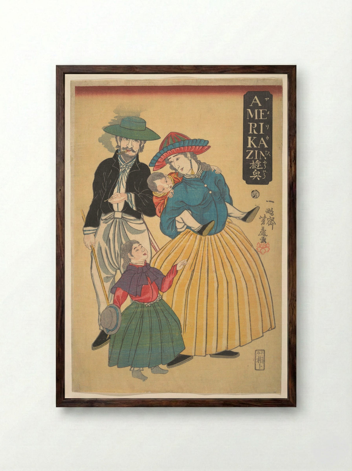Americans on an Outing (Amerikajin yūgyō) - Ippōsai Yoshifuji - Framed Print Dark Wood