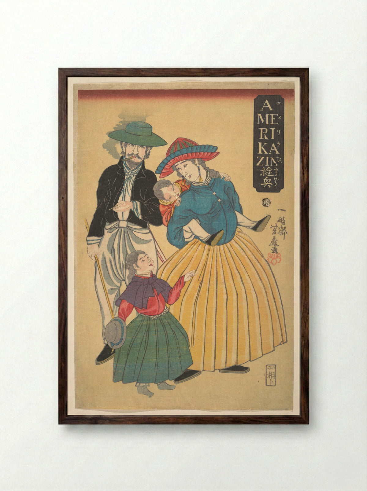 Americans on an Outing (Amerikajin yūgyō) - Ippōsai Yoshifuji - Framed Print Dark Wood