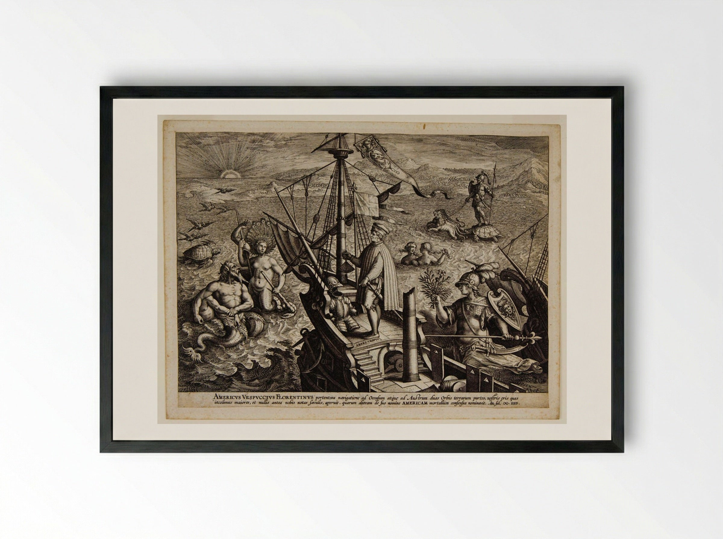Amerigo Vespucci on His Ship - Adriaen Collaert - Framed Print Black