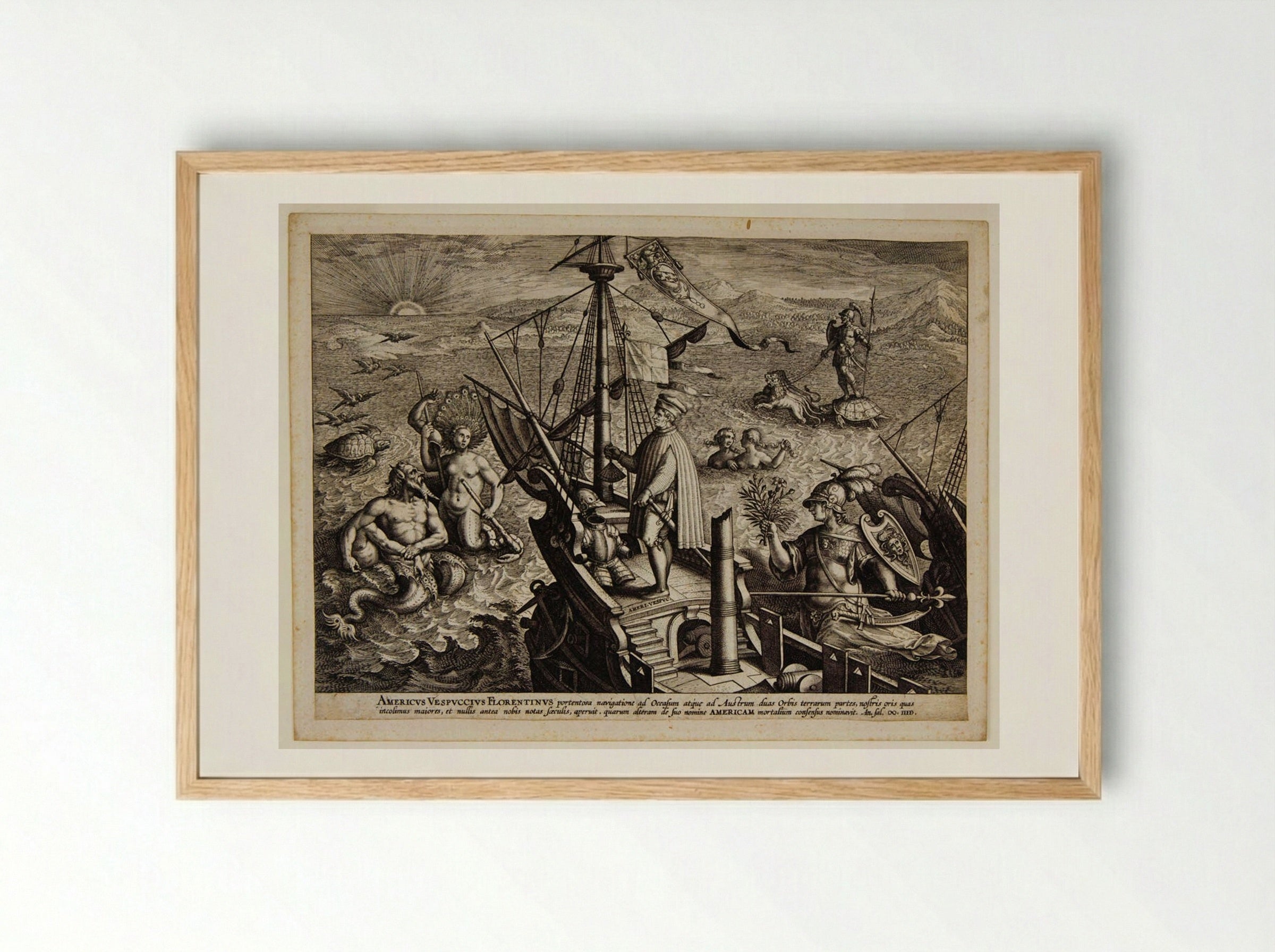 Amerigo Vespucci on His Ship - Adriaen Collaert - Framed Print Wood