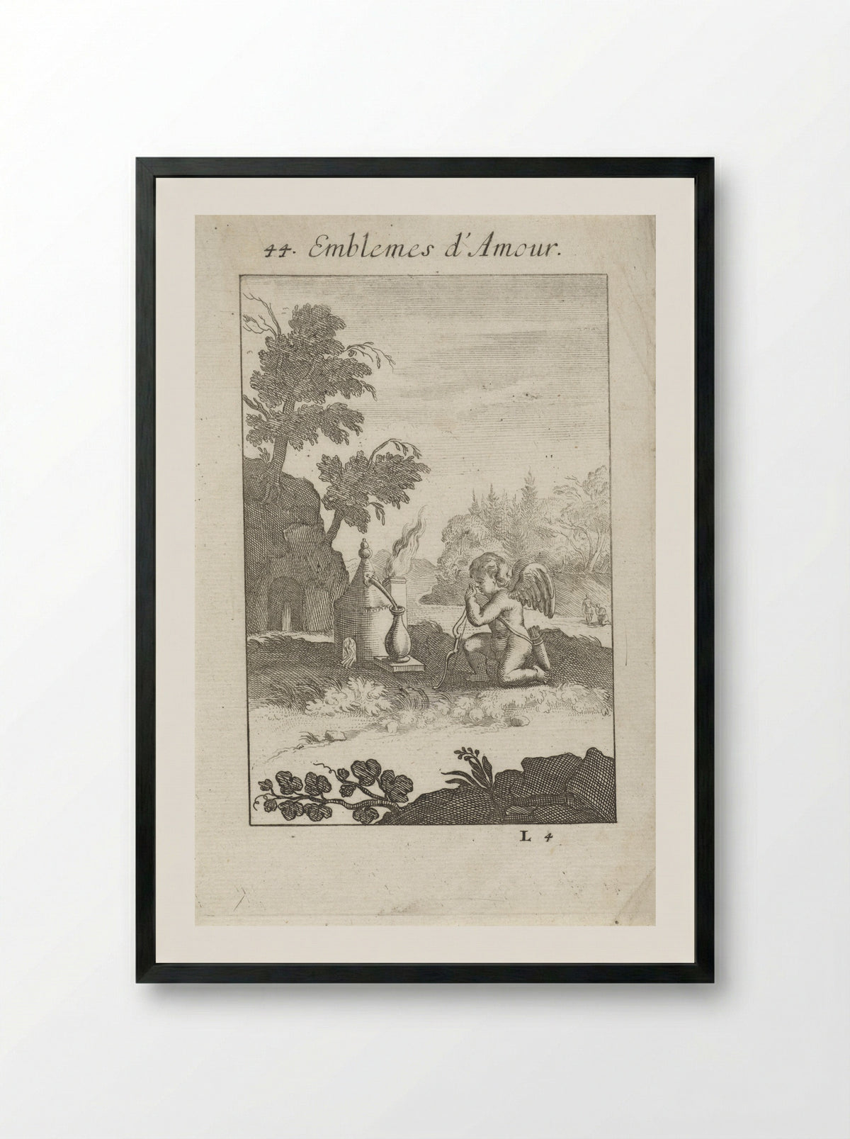 Amor geknield bij een symbolisch hart - Jan van Vianen - Framed Print Black