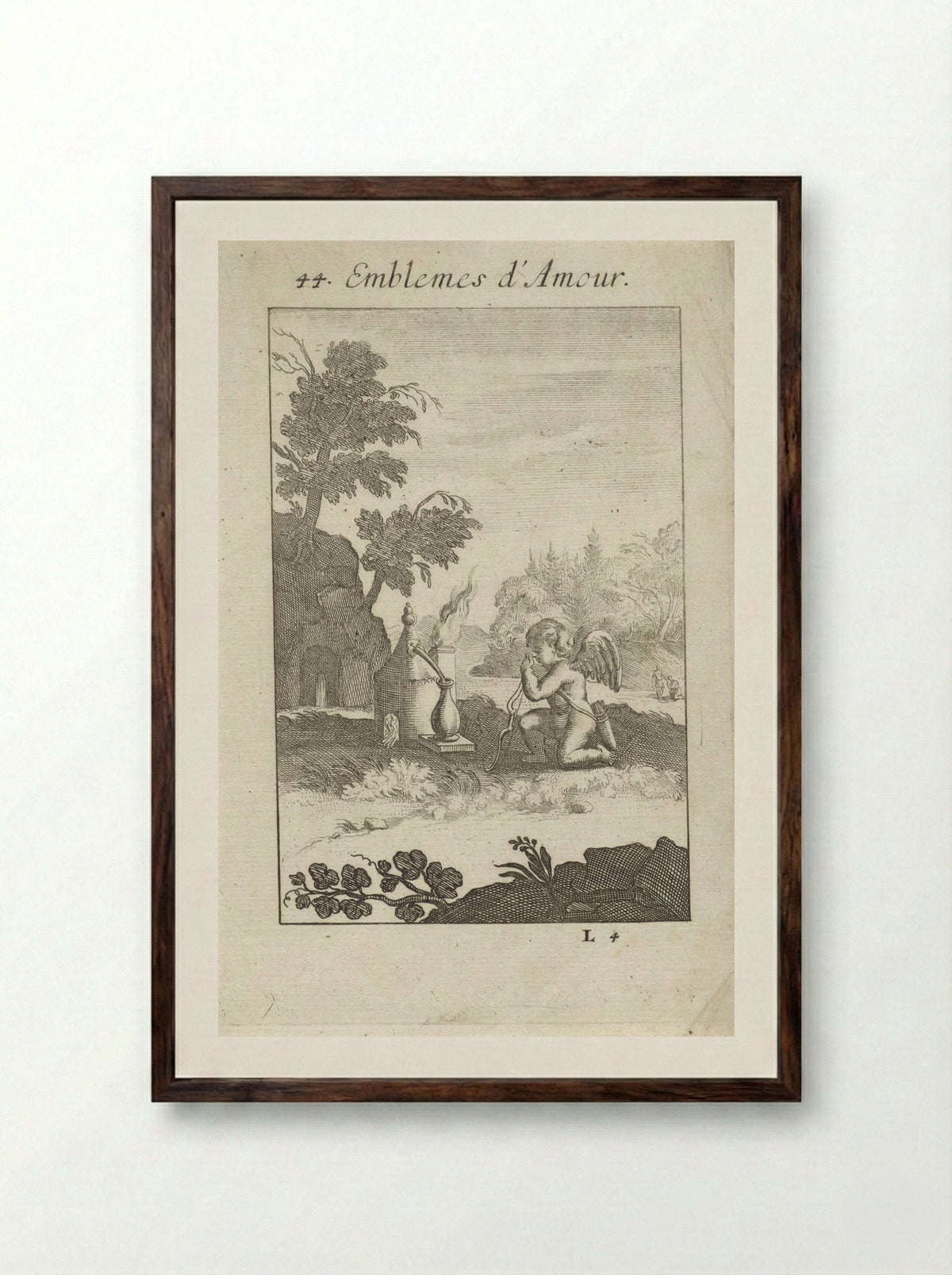 Amor geknield bij een symbolisch hart - Jan van Vianen - Framed Print Dark Wood
