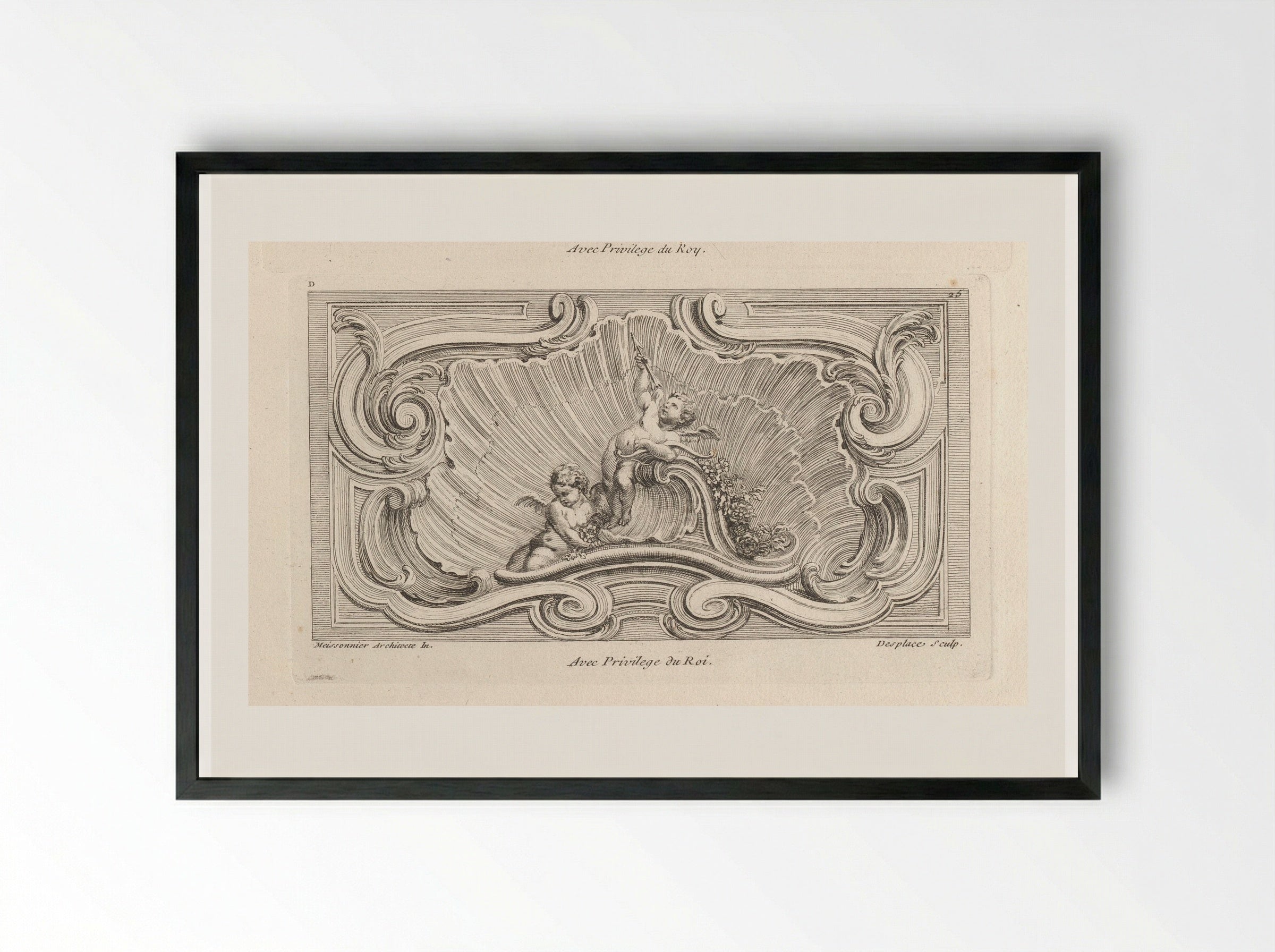 Amor met pijl en boog bij een zittende amor - Gabriel Huquier - Framed Print Black