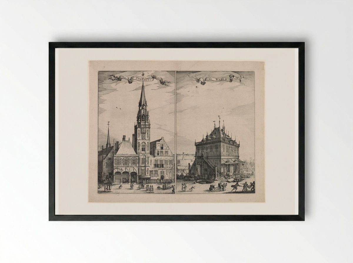 Amsterdam City Hall and the Weighing House - Claes Jansz. Visscher - Framed Print Black
