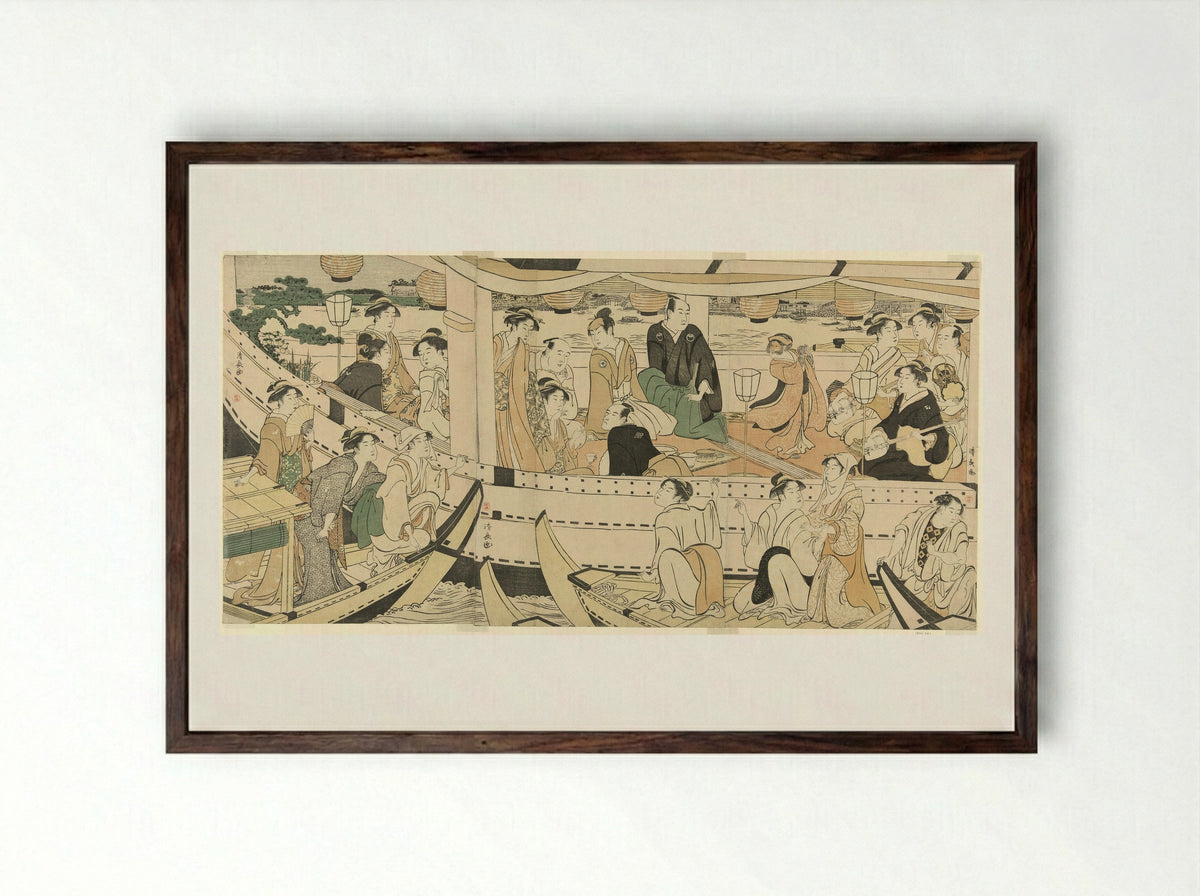 An Actors' Boating Party on the Sumida River - Torii Kiyonaga - Framed Print Dark Wood