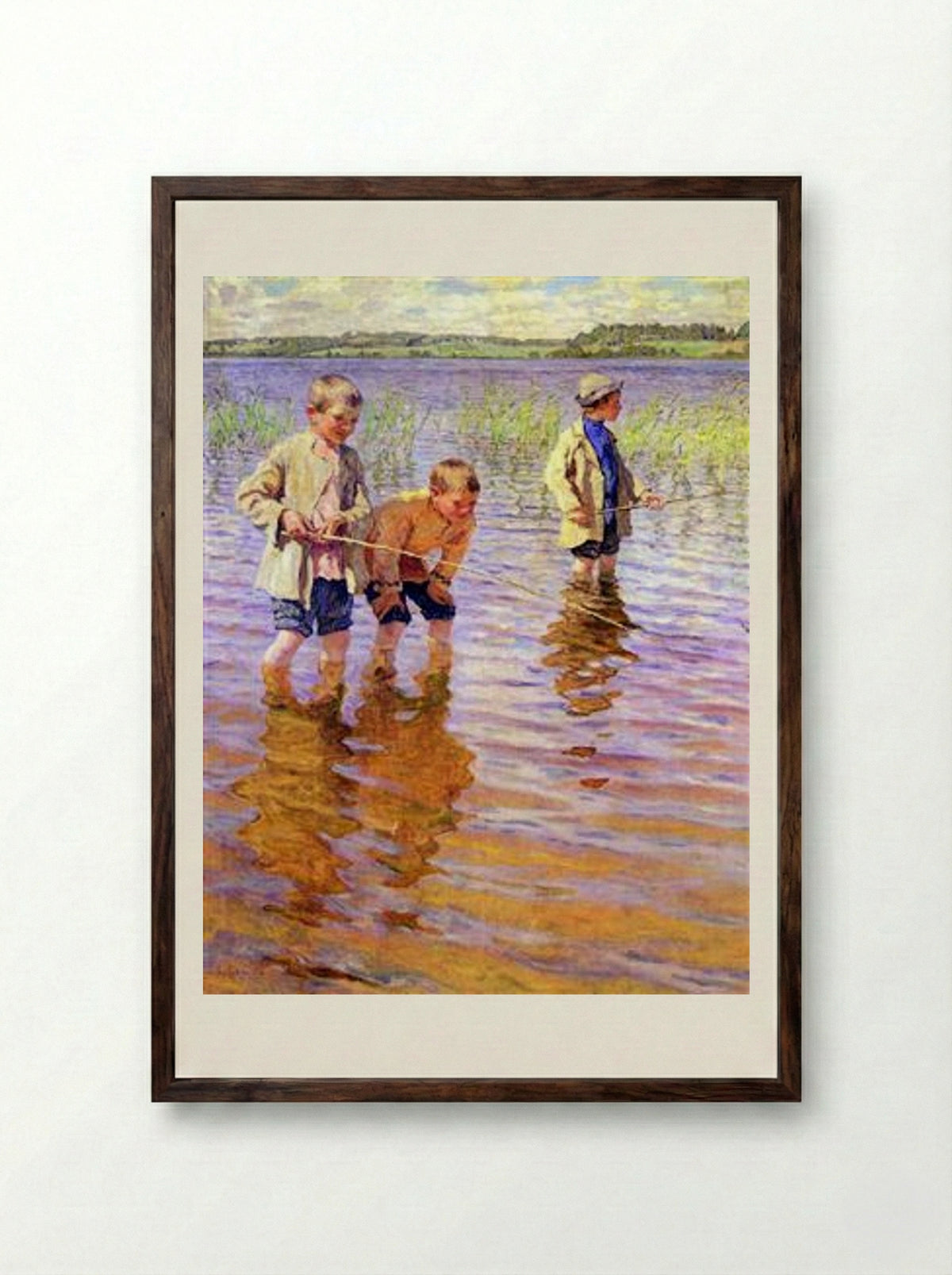 An Afternoon Fishing - Nikolay Bogdanov-Belsky - Framed Print Dark Wood