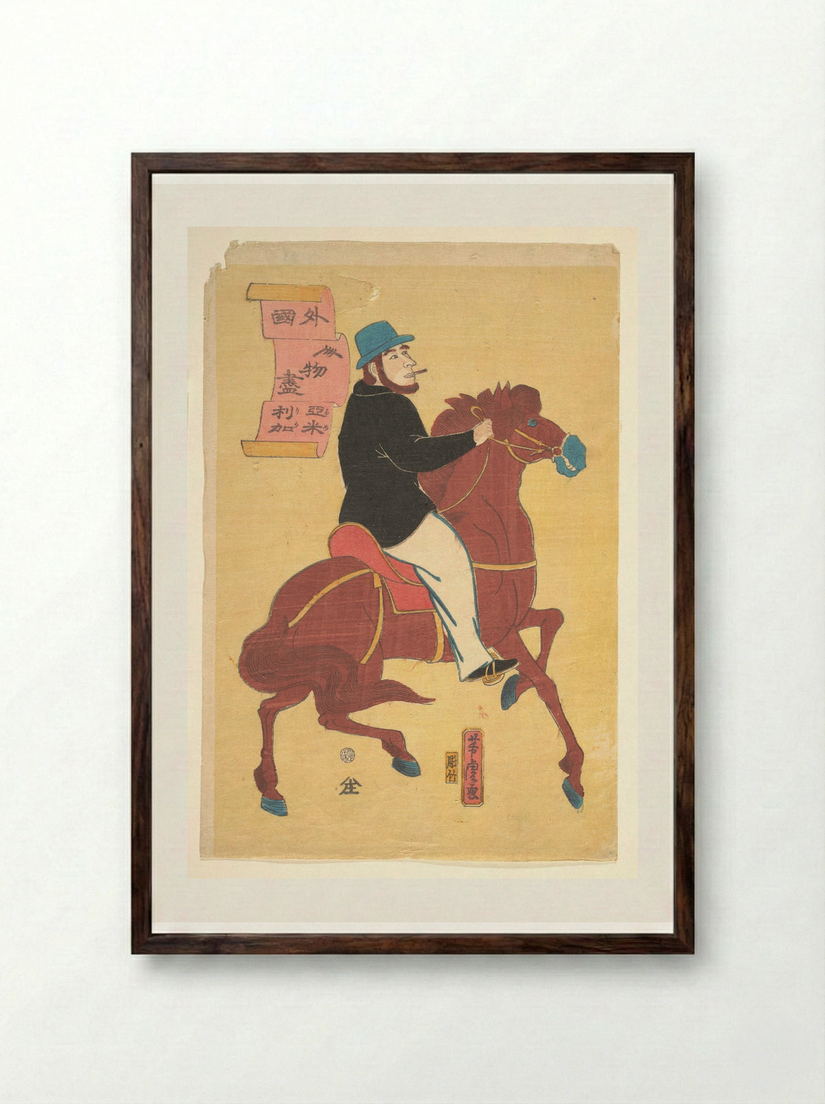 An American on Horseback - Utagawa Yoshitora - Framed Print Dark Wood