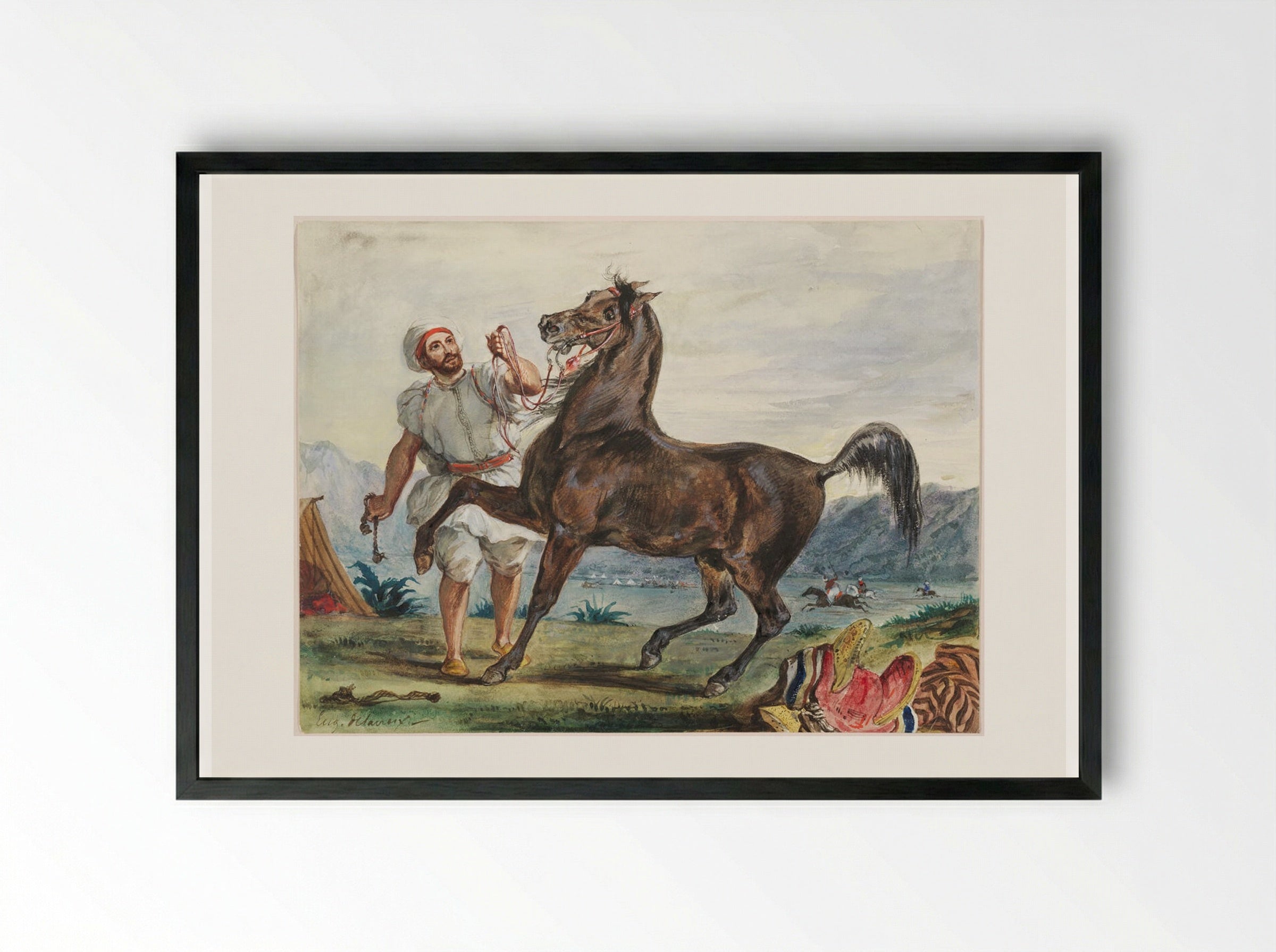 An Arab and His Steed - Ferdinand-Victor-Eugène Delacroix - Framed Print Black