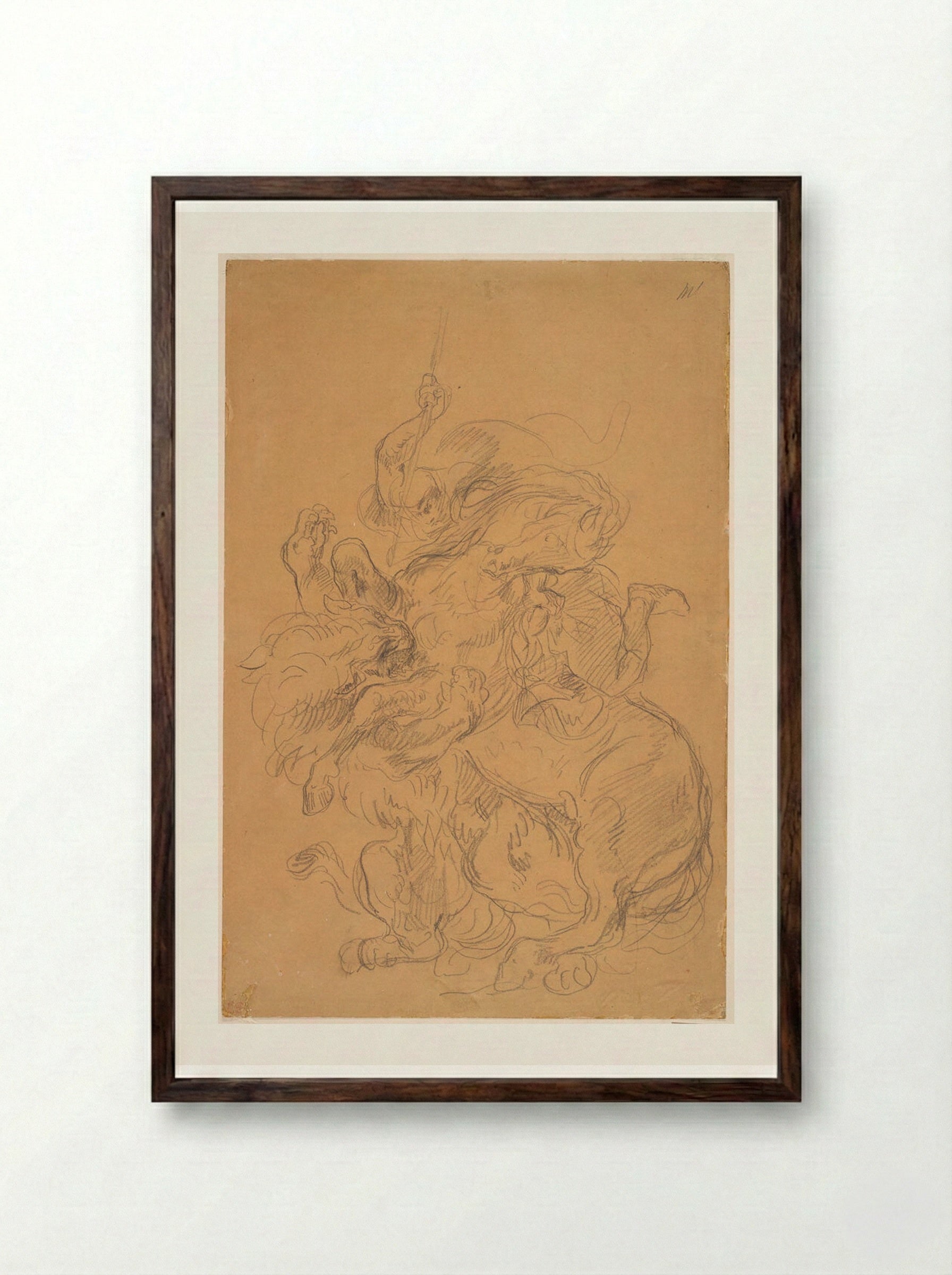 An Arab on Horseback Attacked by a Lion - Ferdinand-Victor-Eugène Delacroix - Framed Print Dark Wood