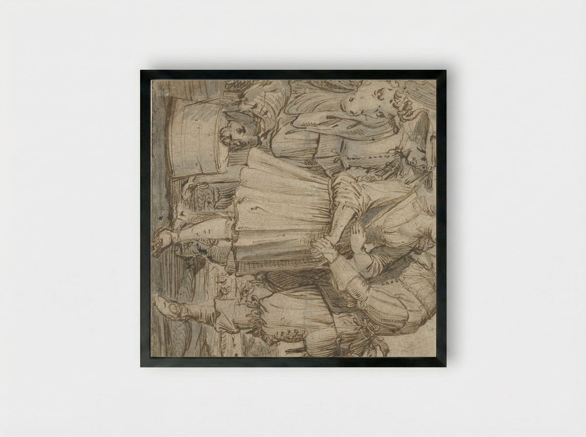 An Elderly Hunter and a Young Woman - Jan Philipsz. van Bouckhorst - Framed Print Black