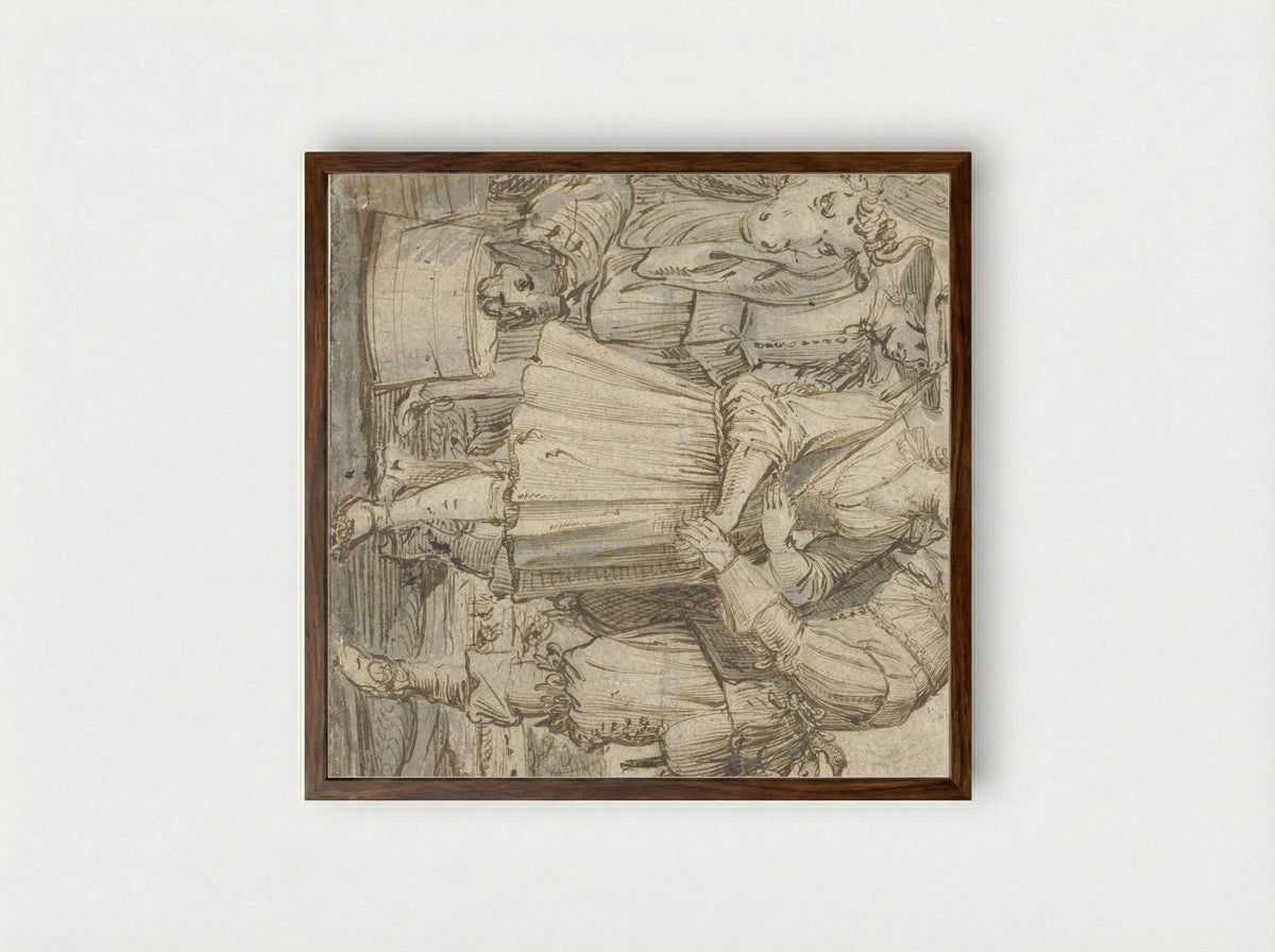 An Elderly Hunter and a Young Woman - Jan Philipsz. van Bouckhorst - Framed Print Dark Wood
