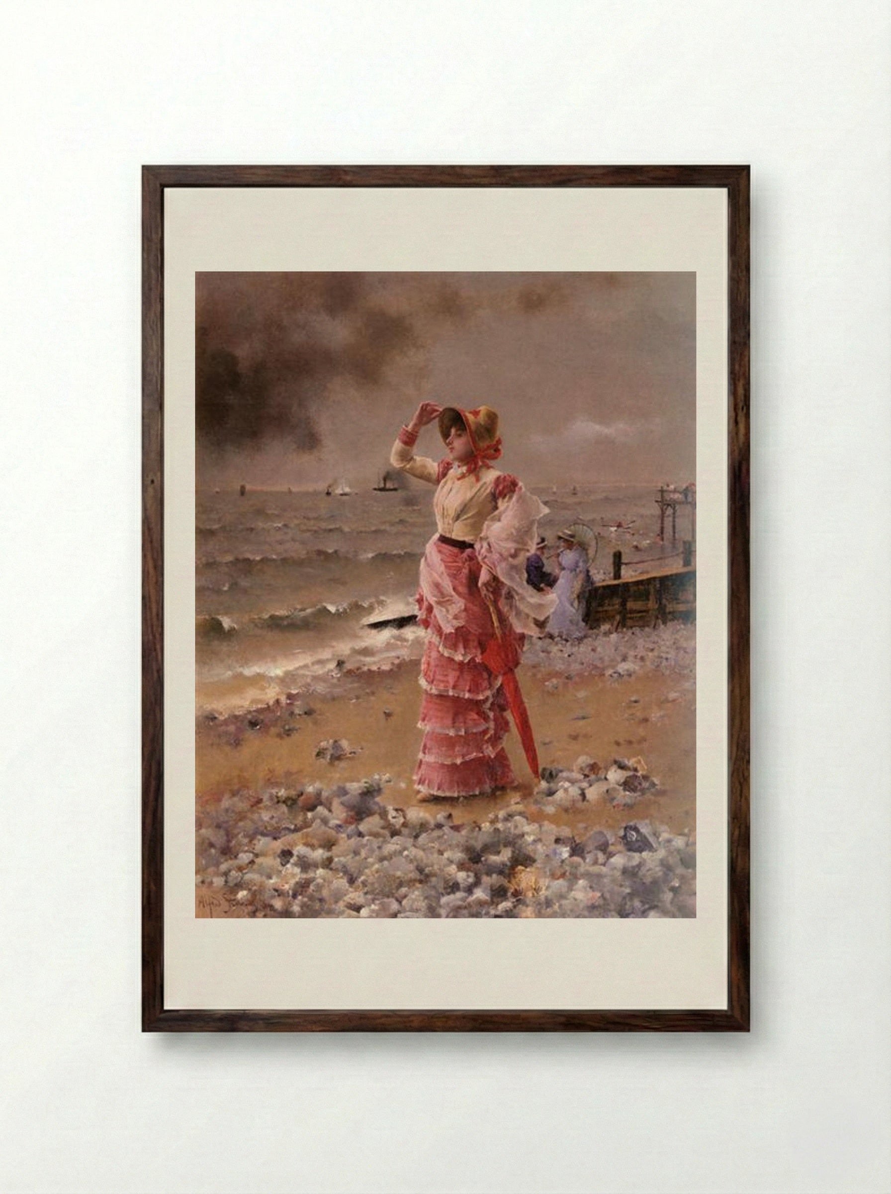 An Elegant Woman on the Beach - Alfred Stevens - Framed Print Dark Wood