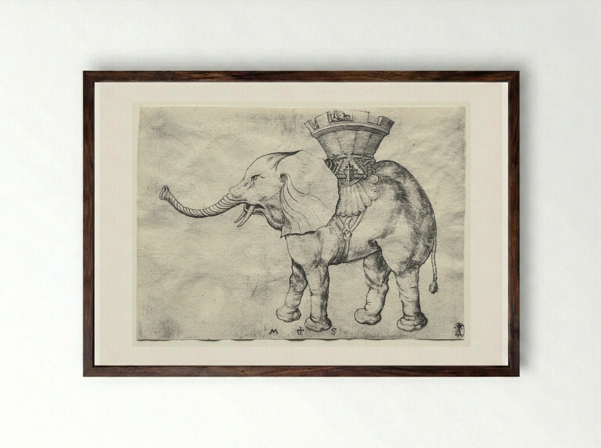 An Elephant with Howdah - Martin Schongauer - Framed Print Dark Wood