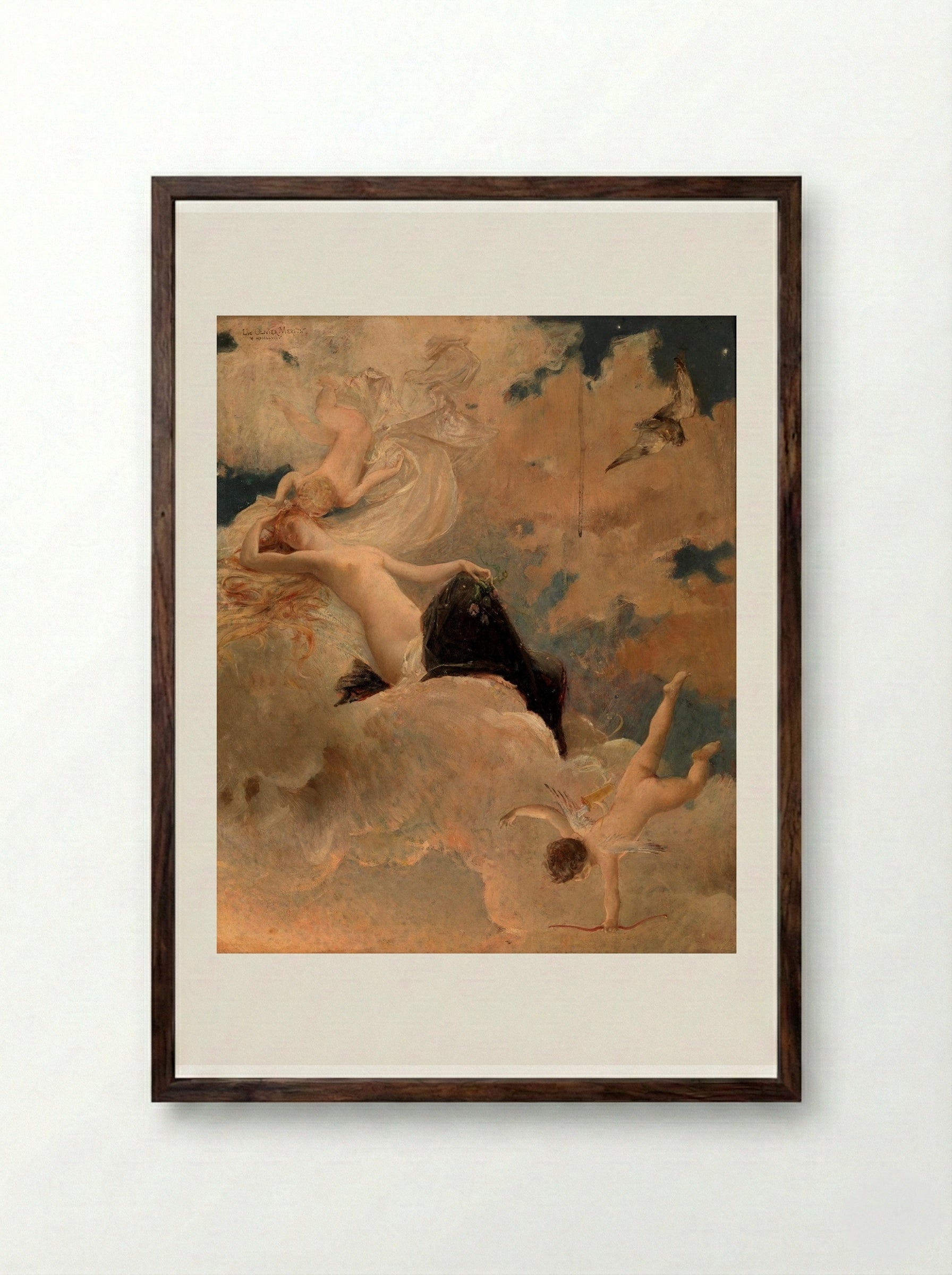 An Ethereal Beauty with Putti in the Clouds - Luc-Olivier Merson - Framed Print Dark Wood