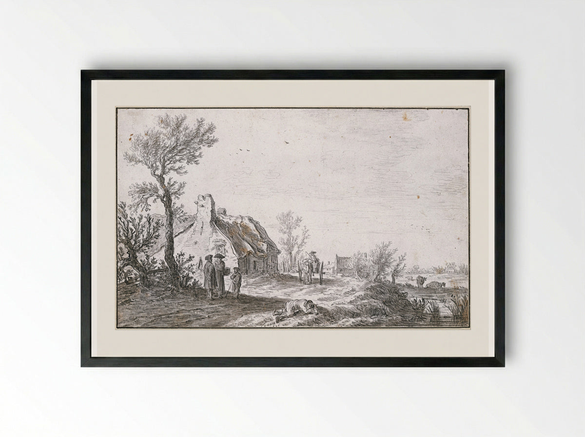 An Inn by a Country Road - Jan van Goyen - Framed Print Black
