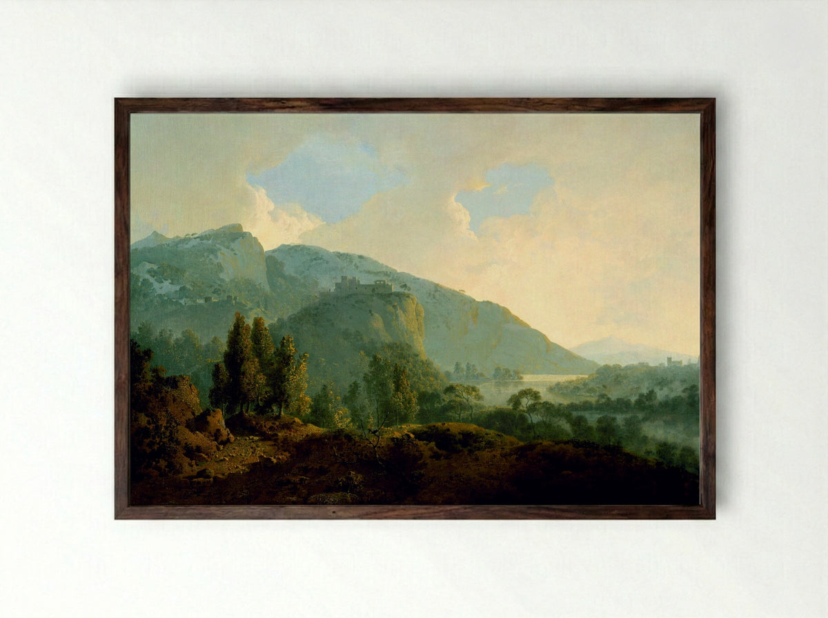 An Italian Landscape with Mountains and a River - Joseph Wright - Framed Print Dark Wood