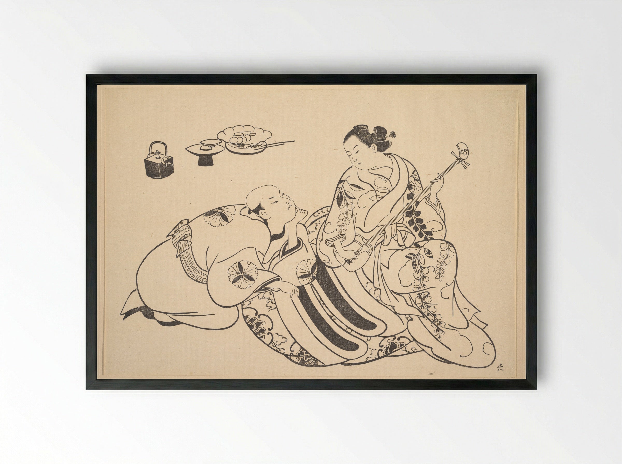 An Oiran Playing the Shamisen to a Young Man Kneeling by Her Side in Rapt Attention - Okumura Masanobu - Framed Print Black