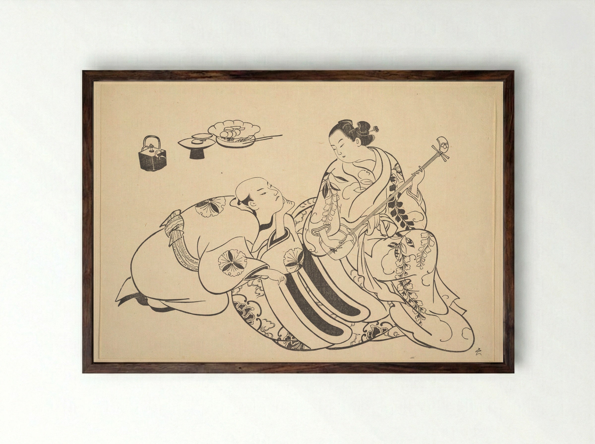 An Oiran Playing the Shamisen to a Young Man Kneeling by Her Side in Rapt Attention - Okumura Masanobu - Framed Print Dark Wood