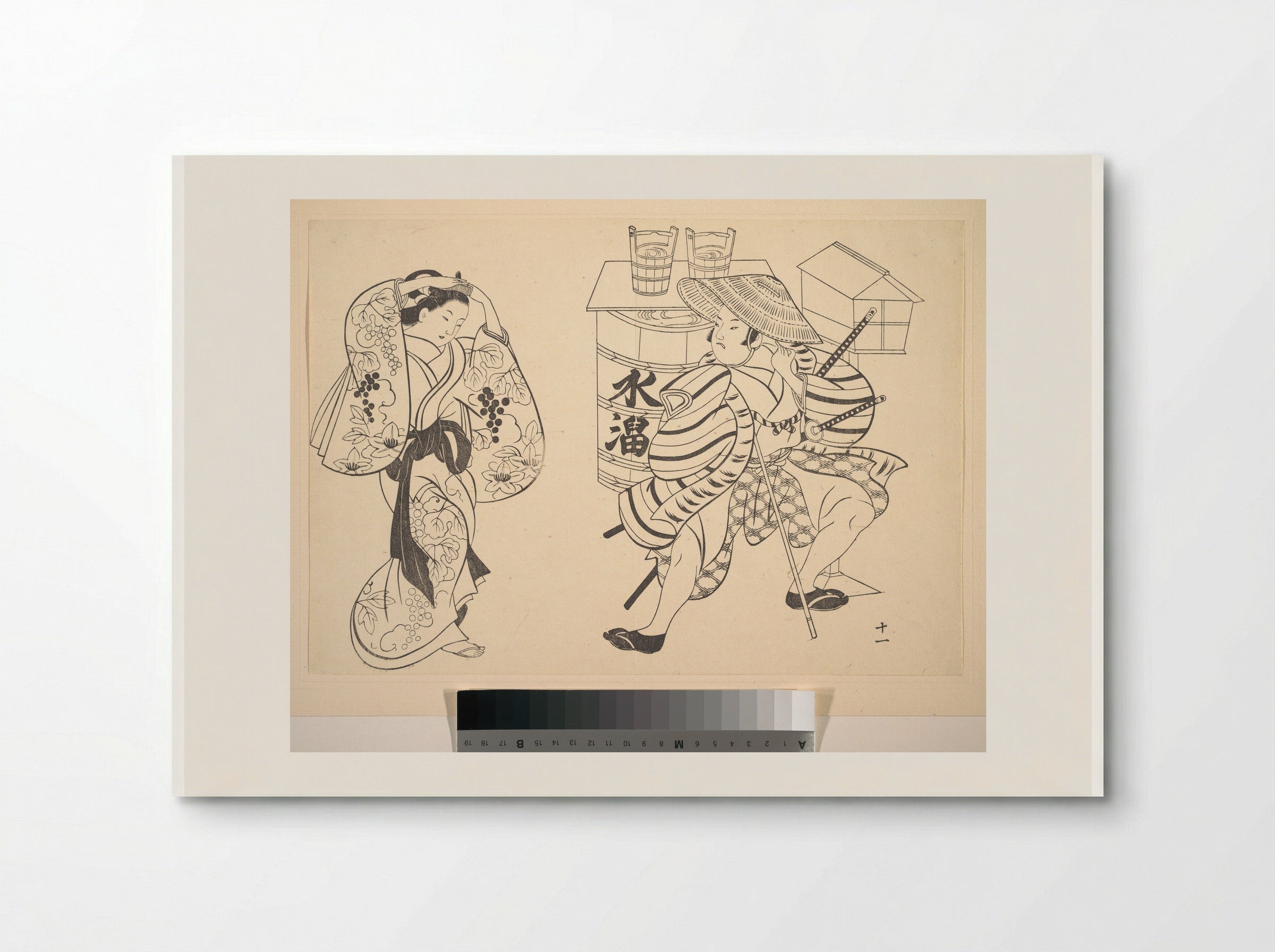 An Oiran Rearranging Her Hair in the Street while a Young Samurai Looks on - Okumura Masanobu - Poster
