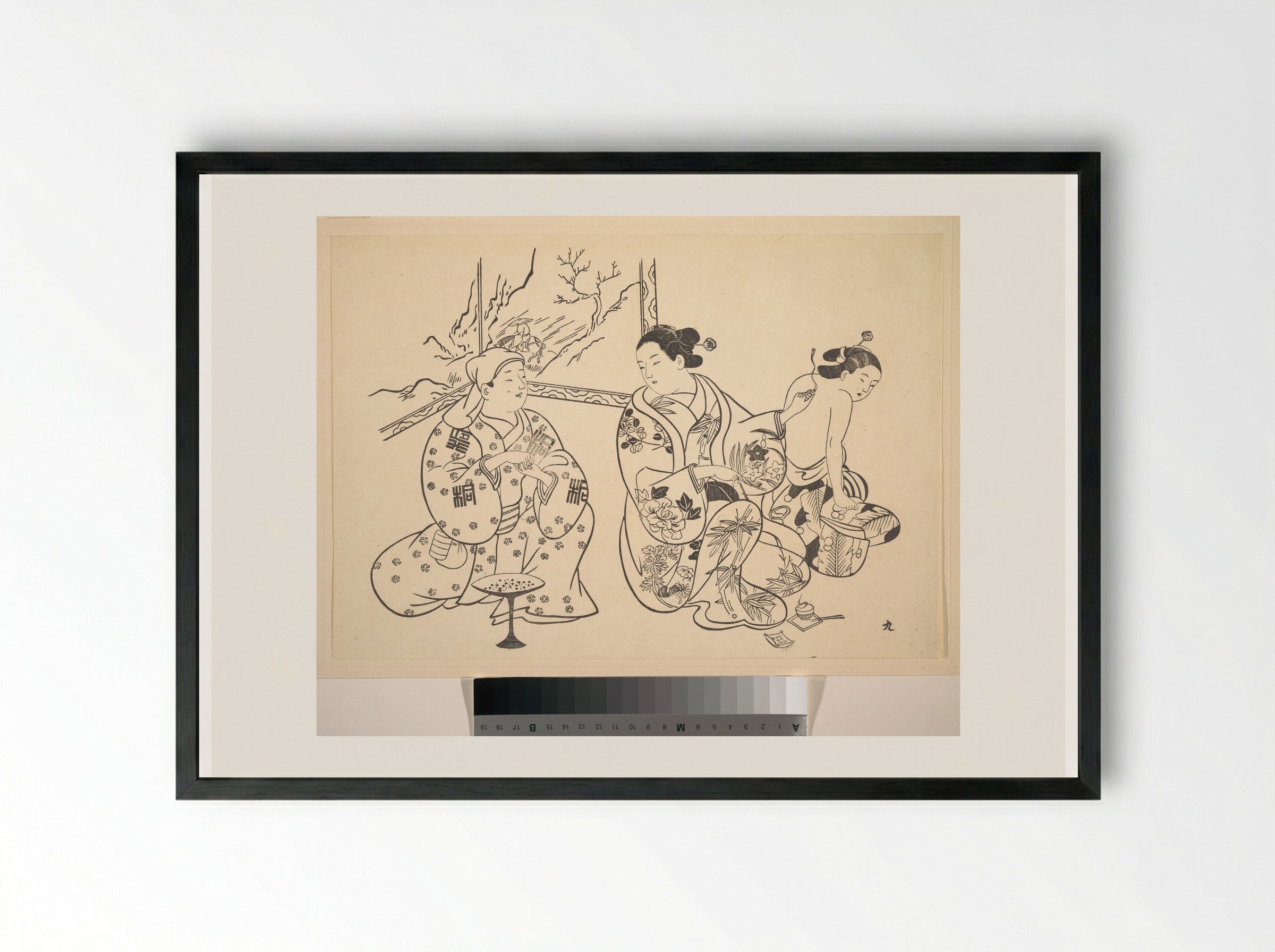 An Oiran Seated in a Parlor Applies the Fire Treatment to the Bared Back of Another Woman - Okumura Masanobu - Framed Print Black