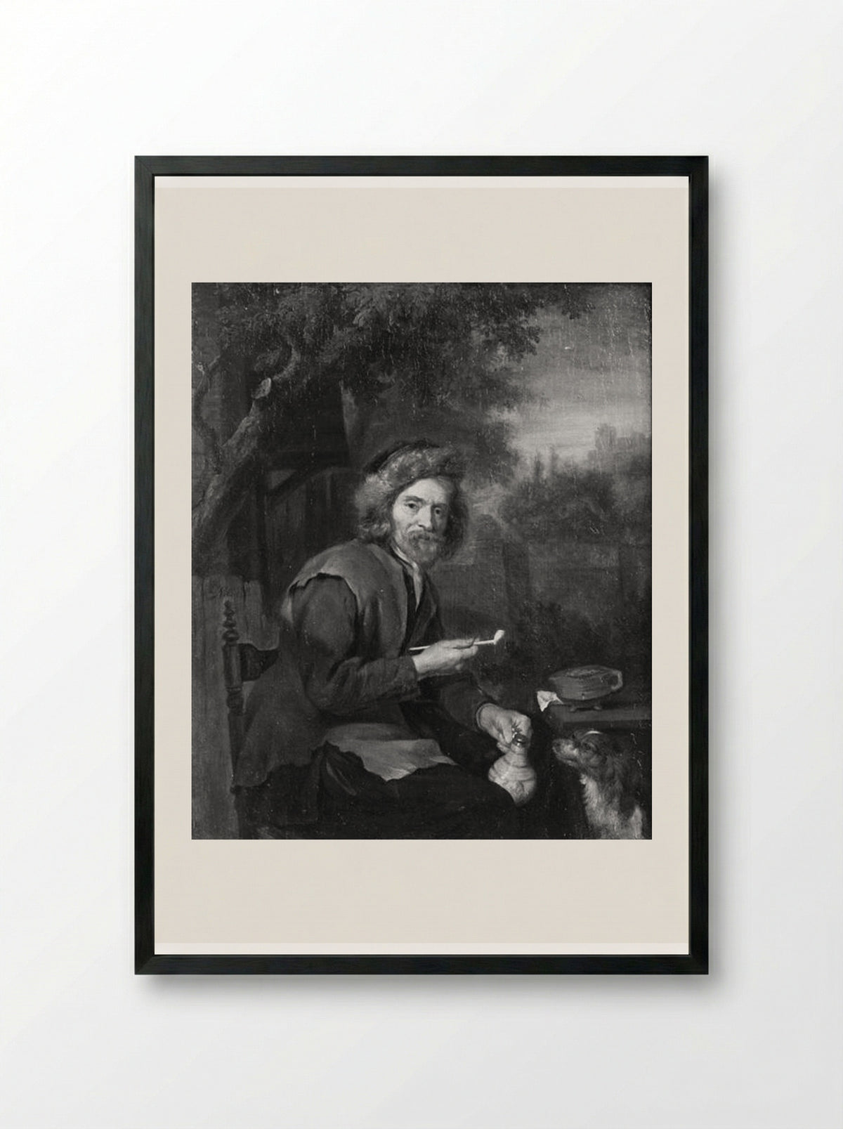 An Old Man Holding a Pipe and a Jug - Gabriel Metsu - Framed Print Black