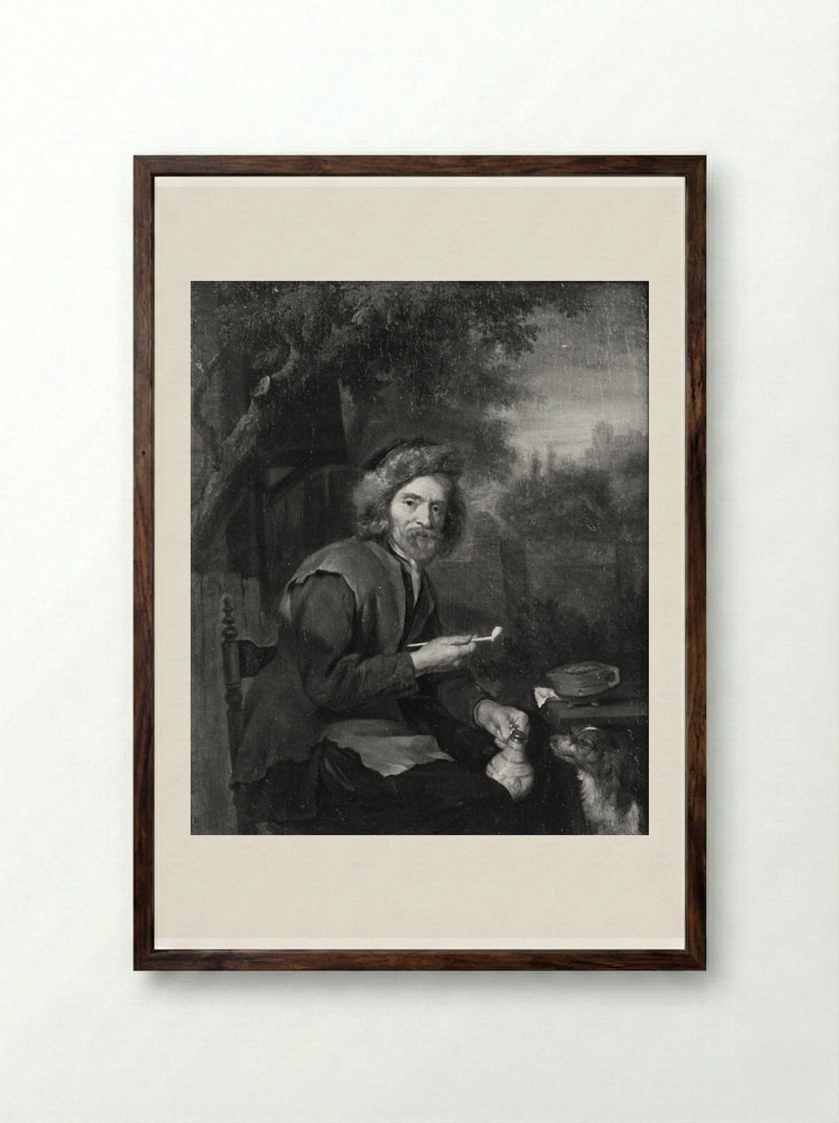 An Old Man Holding a Pipe and a Jug - Gabriel Metsu - Framed Print Dark Wood