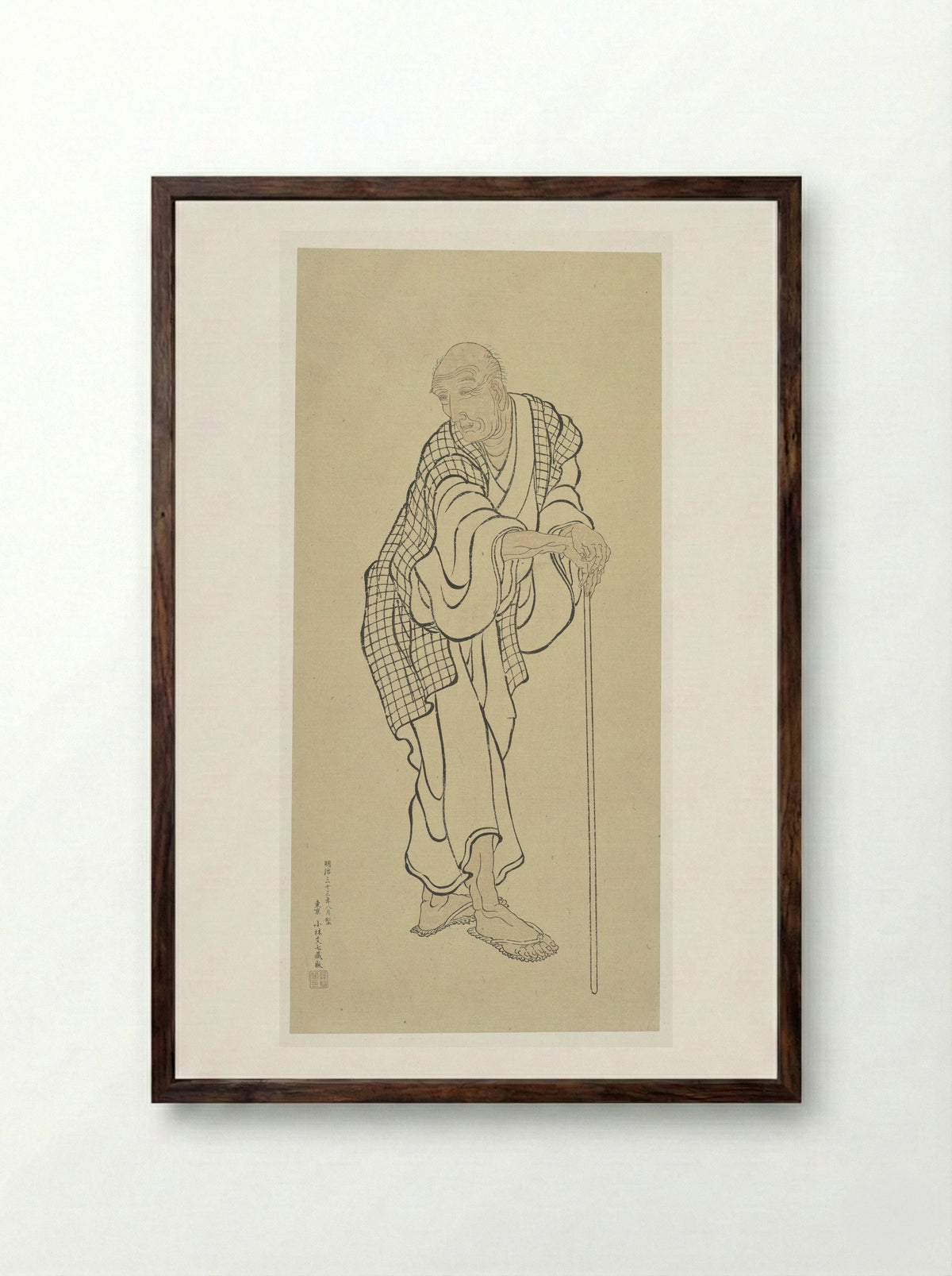An Old Man Leaning on a Staff - Katsushika Hokusai - Framed Print Dark Wood