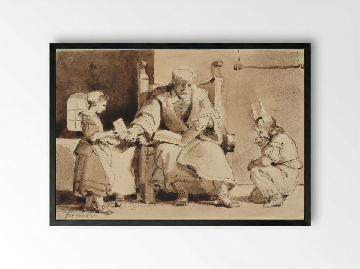 An Old Man with Two Children - Alexandre-Evariste Fragonard - Framed Print Black