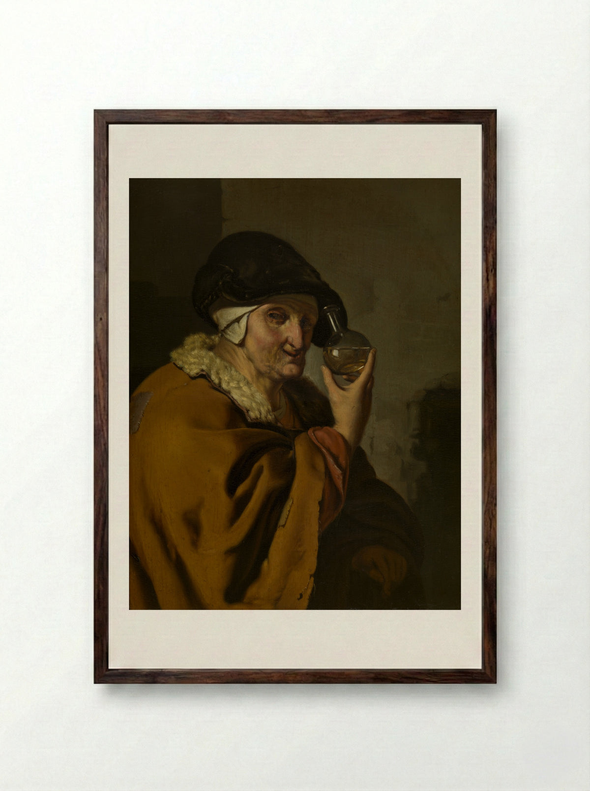 An Old Woman Examining a Flask - Ary de Vois - Framed Print Dark Wood