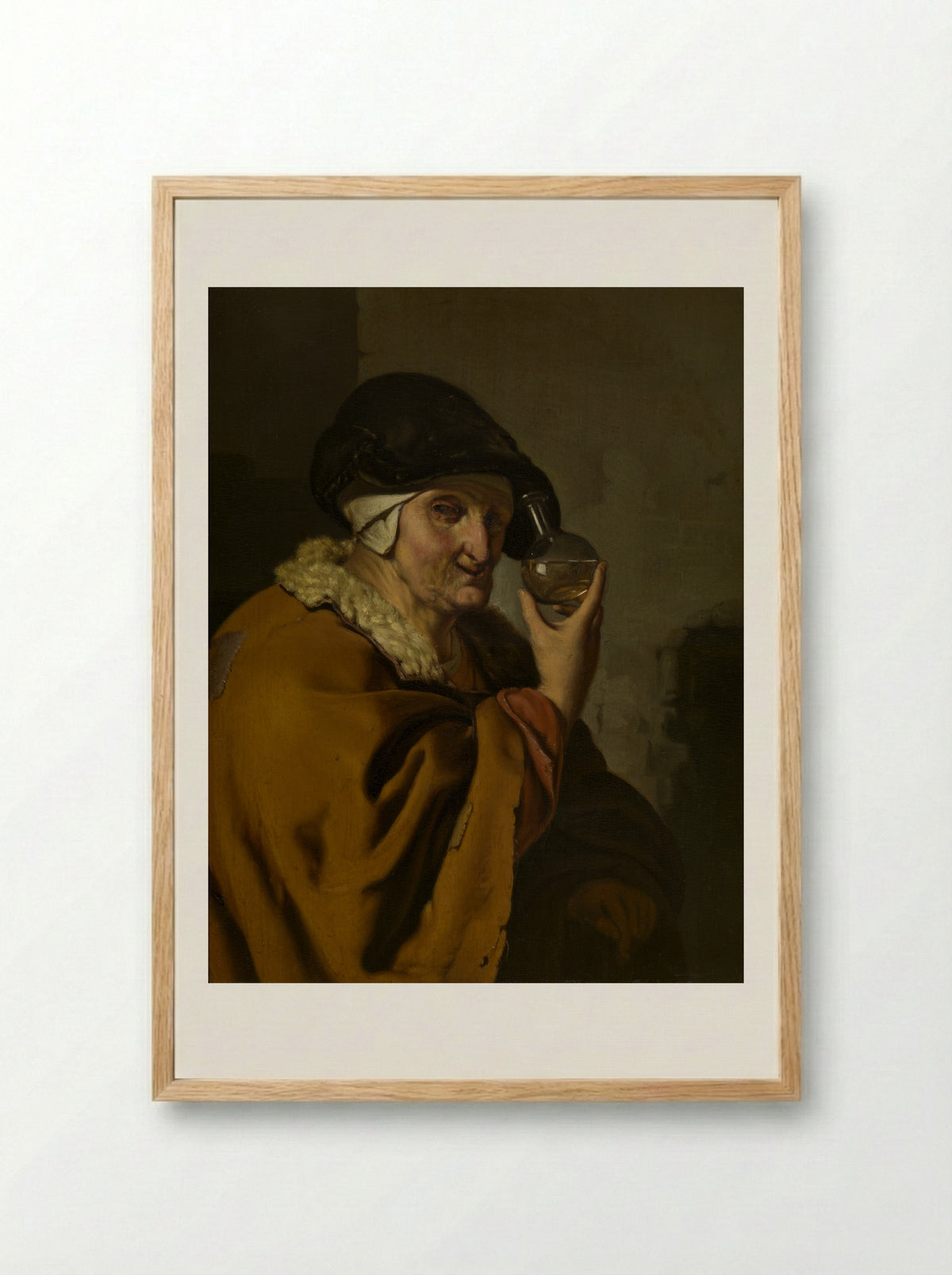An Old Woman Examining a Flask - Ary de Vois - Framed Print Wood
