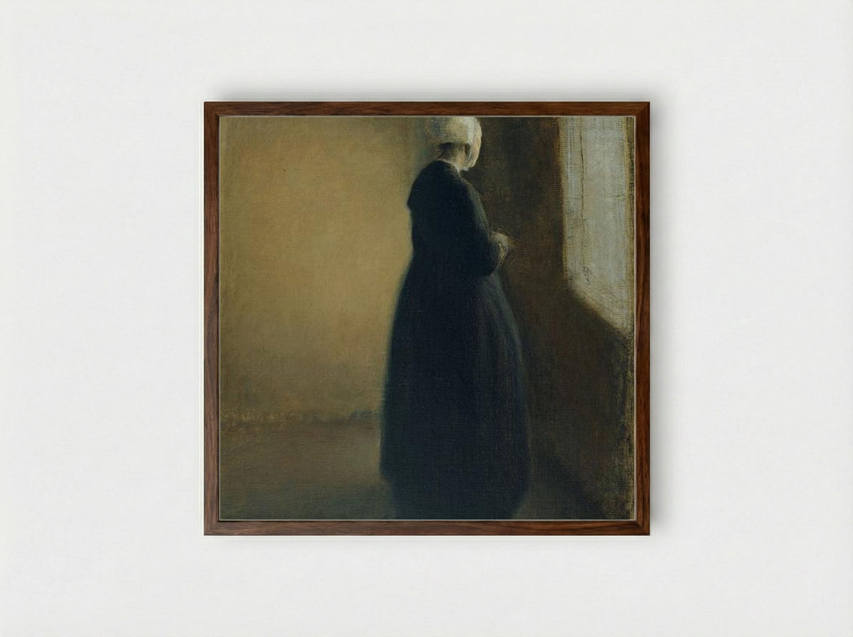 An Old Woman Standing by a Window - Vilhelm Hammershøi - Framed Print Dark Wood